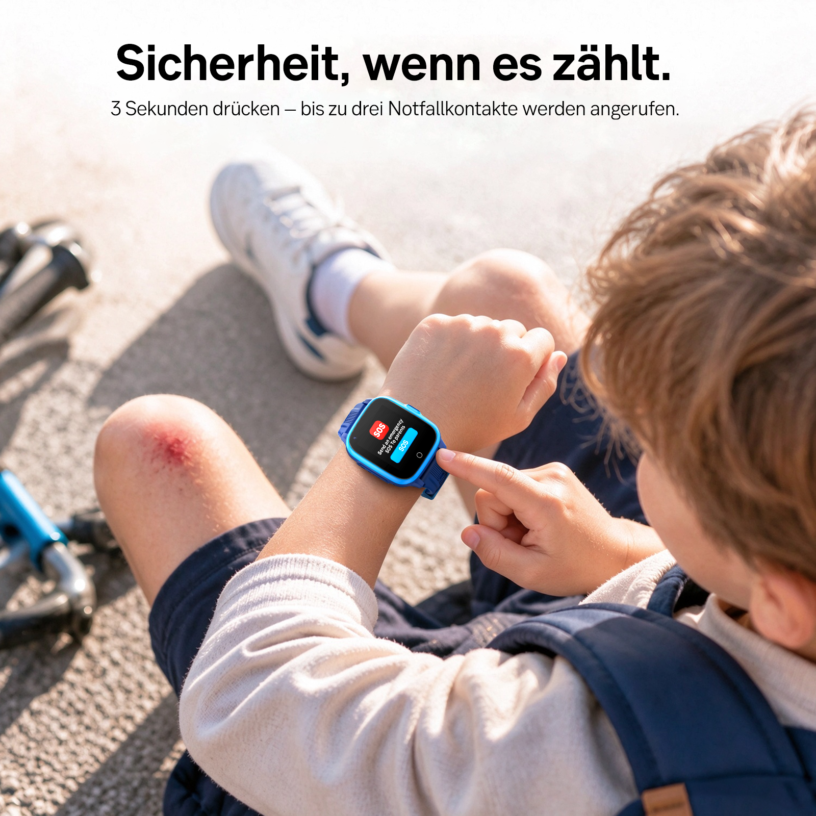 Ein Kind mit einer blauen SOS-Smartwatch sitzt im Freien und drückt den Notrufknopf.