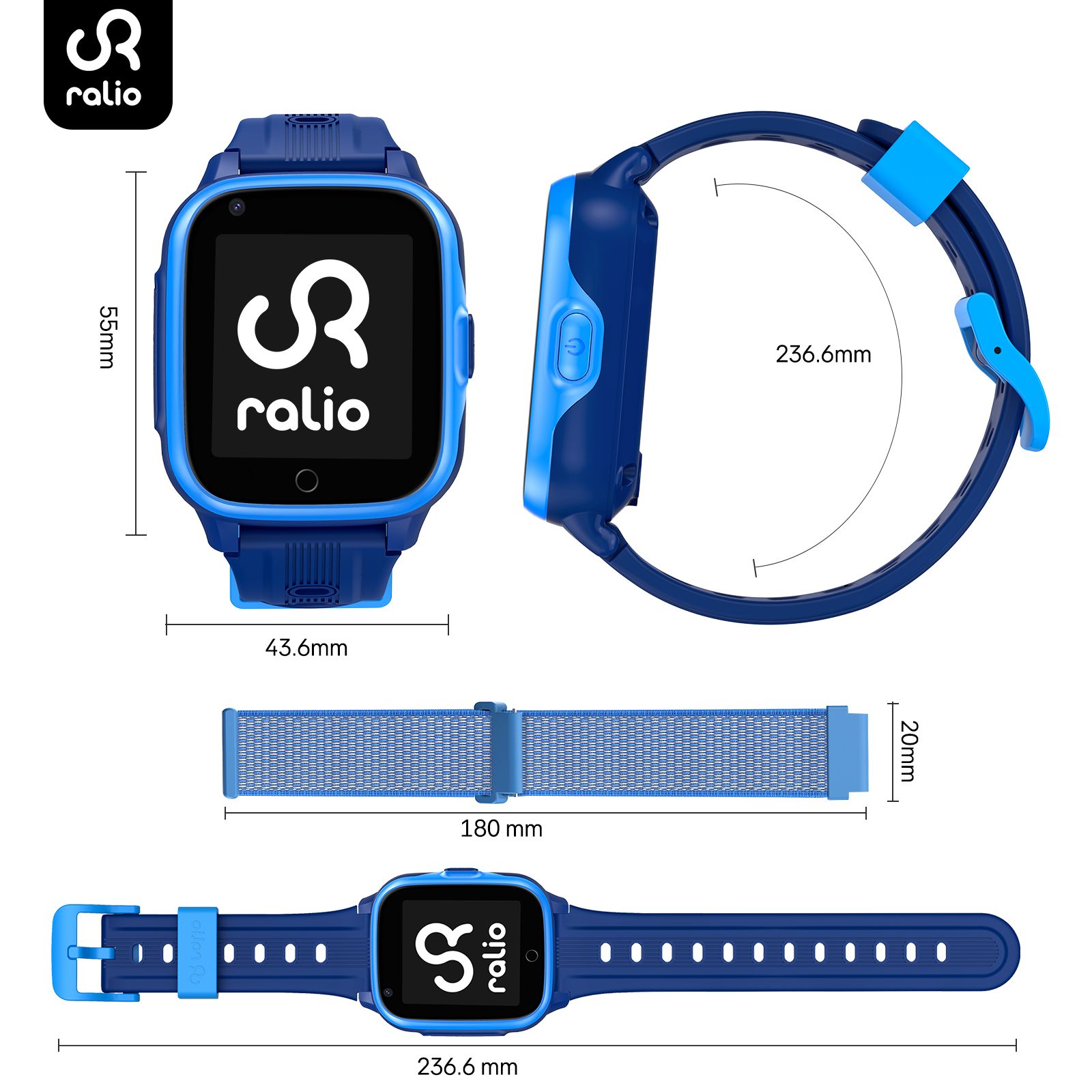 Technische Zeichnung und Maße einer blauen Ralio Kinderspuhr mit verschiedenen Ansichten und Armbändern.