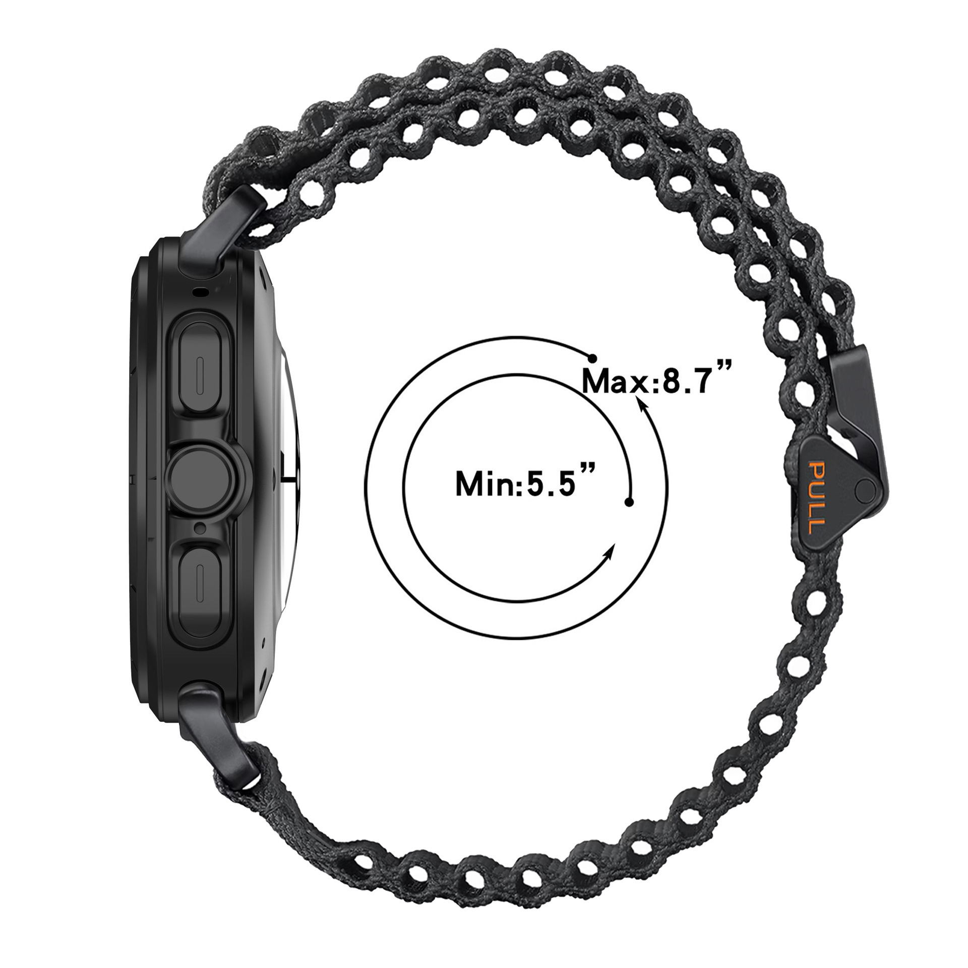 Eine schwarze Smartwatch mit strukturiertem Band zeigt Größen von 5,5 bis 8,7 Zoll in Seitenansicht.