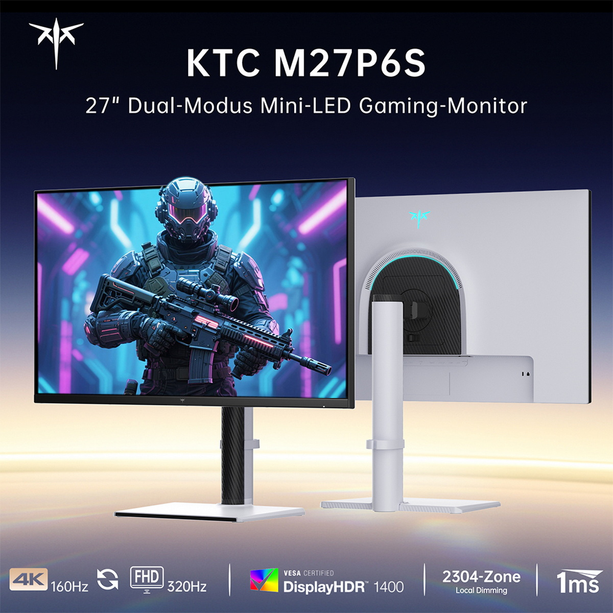 KTC M27P6S 27-Zoll-Mini-LED-Gaming-Monitor mit Vorder- und Rückansicht sowie Spezifikationssymbolen.