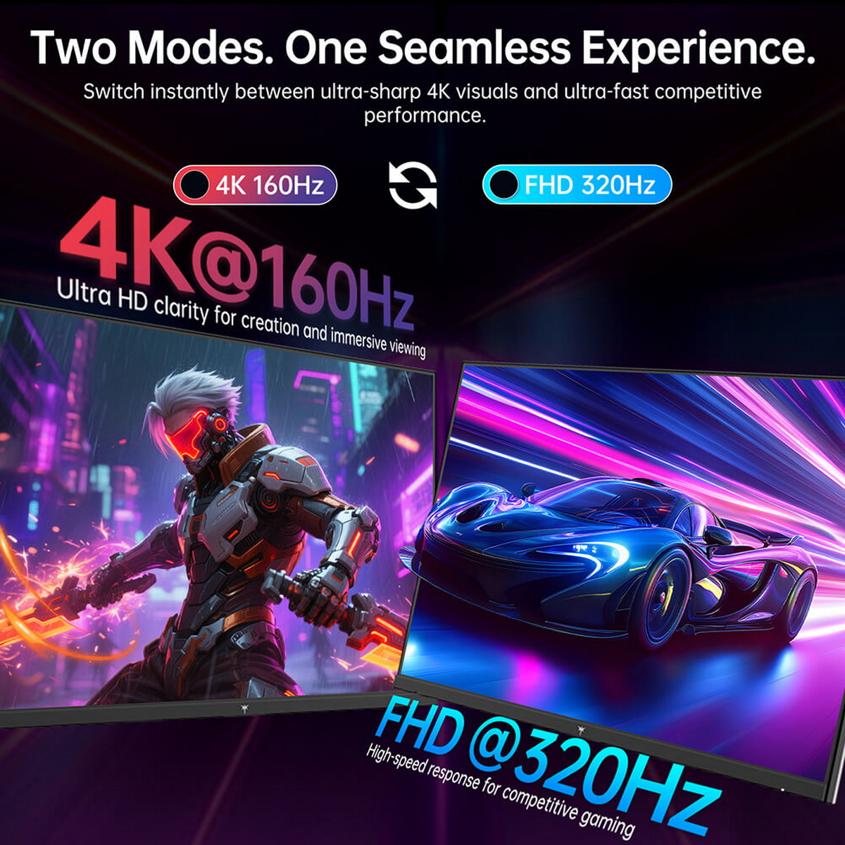 Werbung für ein Display mit zwei Modi: 4K bei 160Hz und FHD bei 320Hz mit Roboter- und Rennwagen-Grafik.