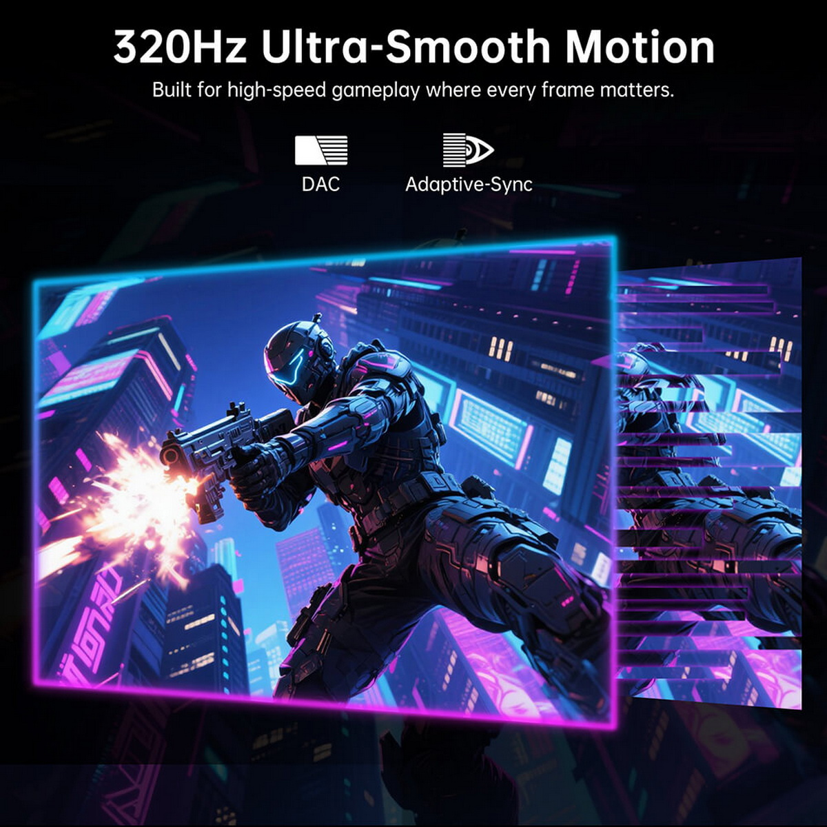 Sci-Fi-Soldat in einer neonbeleuchteten Stadt zeigt 320Hz ultra-glatte Motion-Grafik.