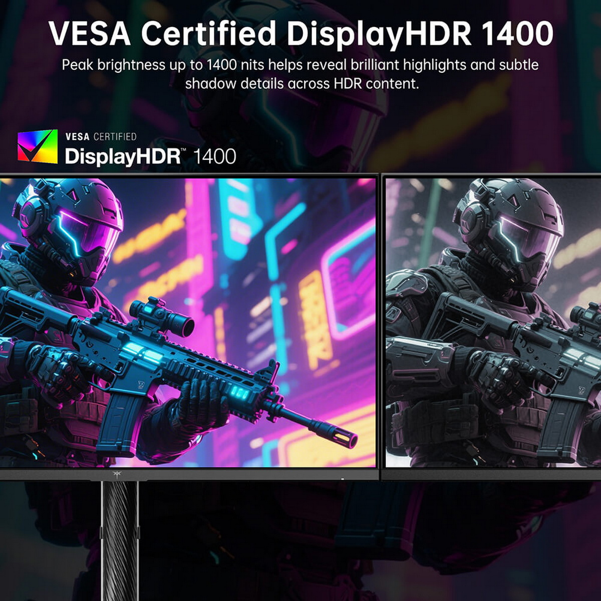 Zwei Monitore zeigen einen Soldaten mit Waffe vor neonfarbenem Hintergrund, der linke mit besserer HDR-Qualität.