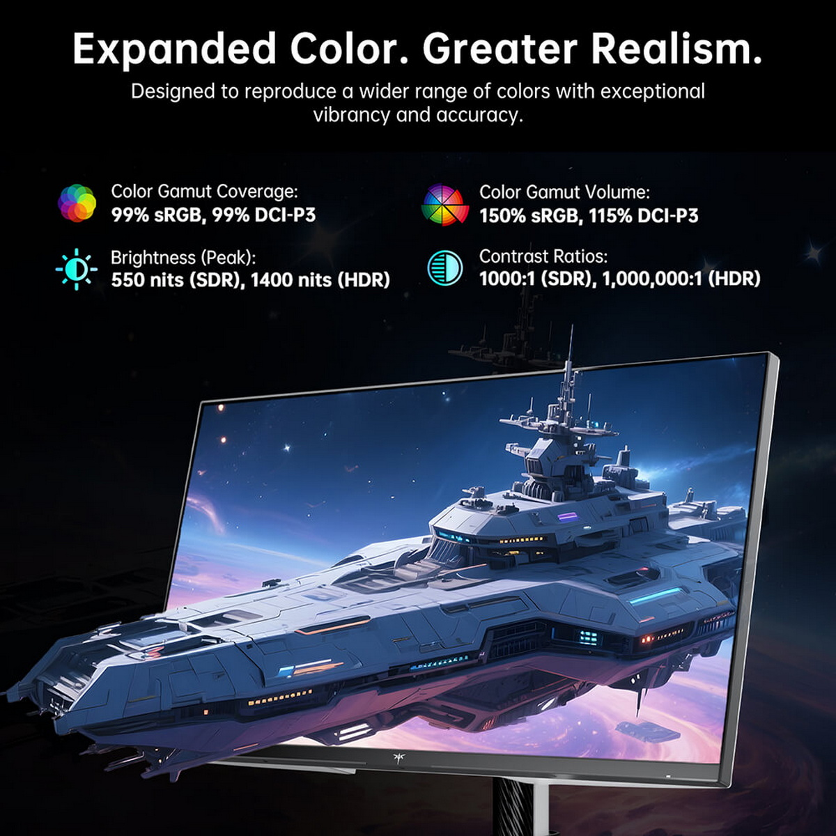 Ein Monitor zeigt ein großes Sci-Fi-Raumschiff mit Statistiken zum Farbraum und Kontrast oben.