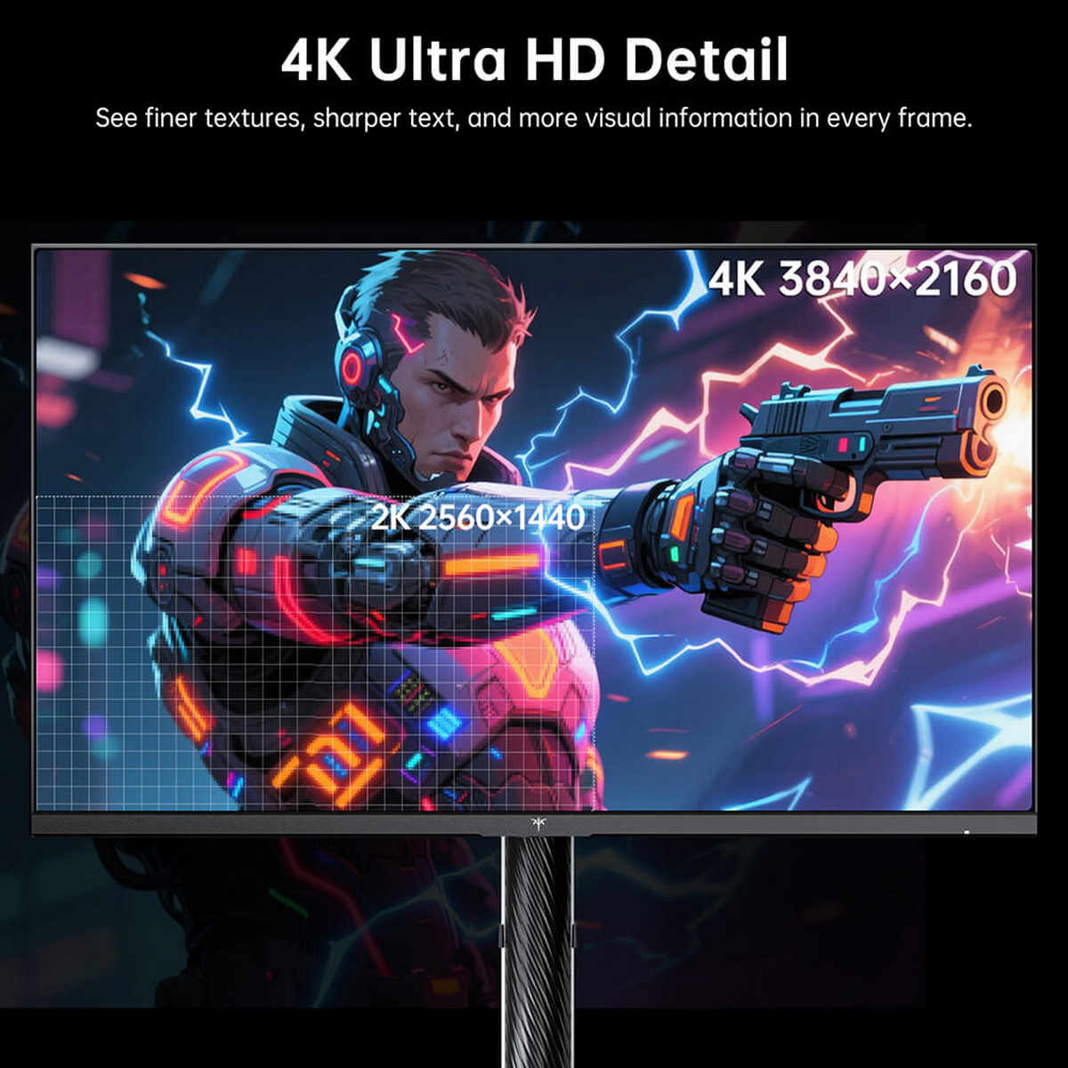 Monitor zeigt eine Gaming-Szene im Vergleich zwischen 2K und 4K.