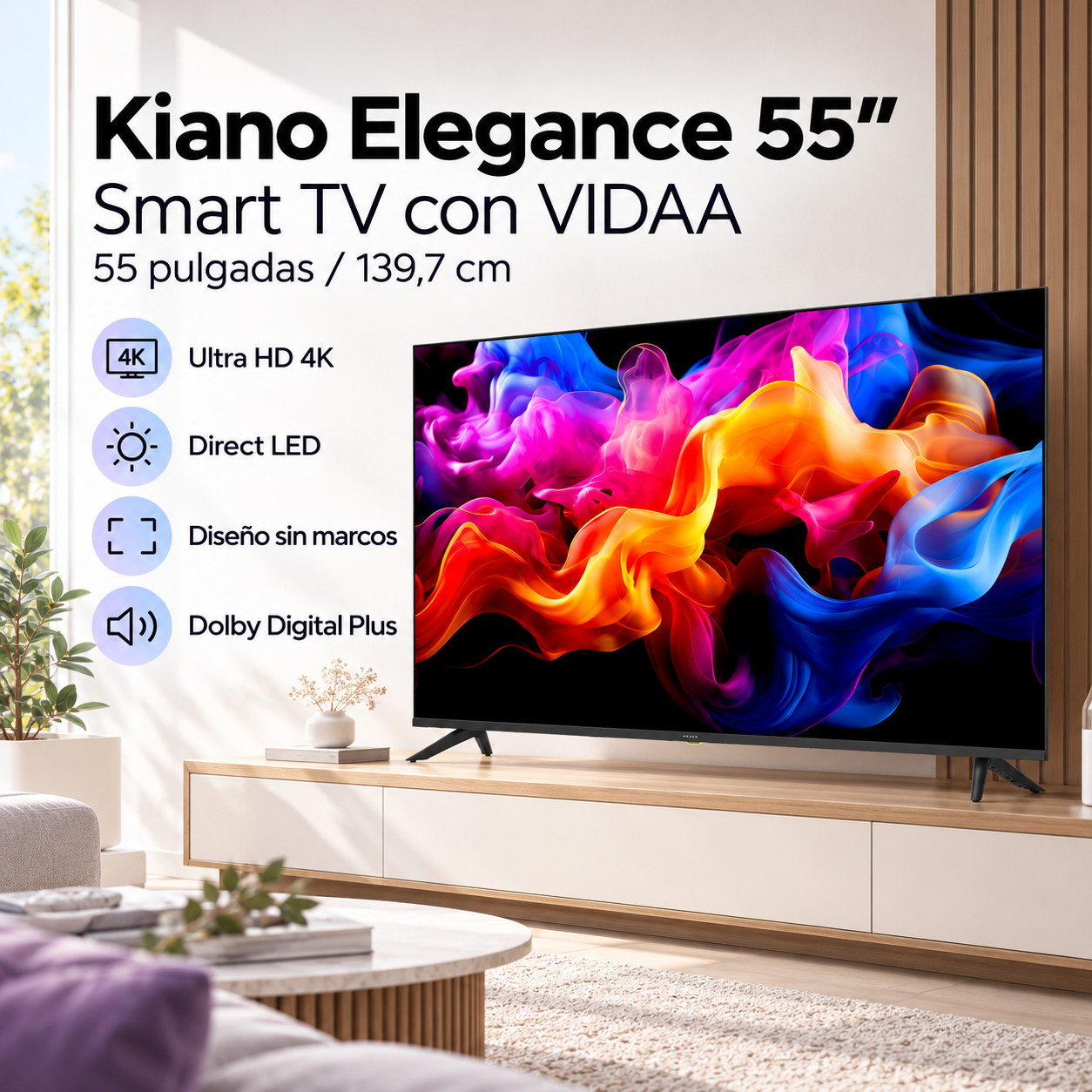 55-calowy telewizor Kiano Elegance Smart TV z kolorowym ekranem na drewnianej szafce.