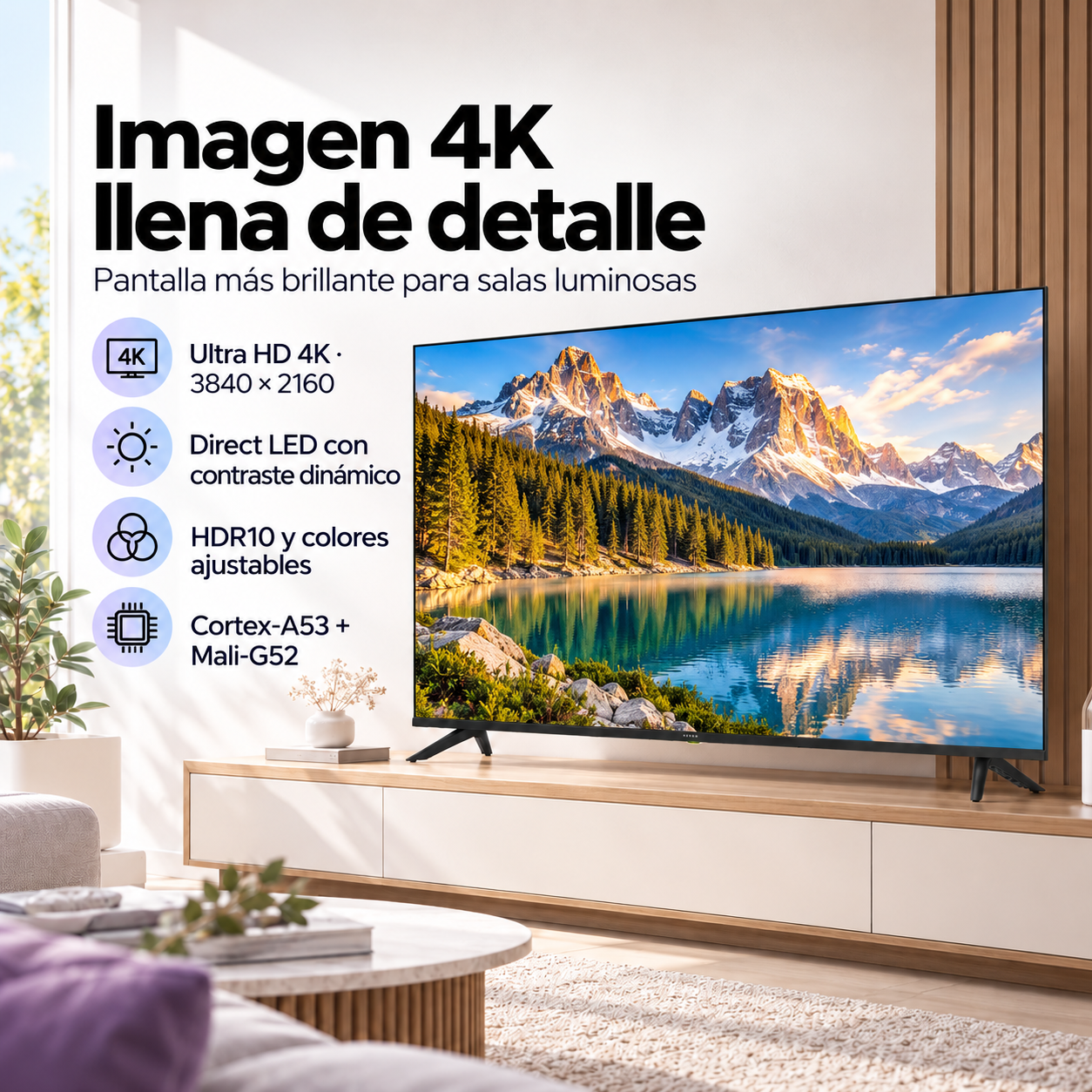 Telewizor 4K z górskim krajobrazem stoi na drewnianej szafce w jasnym, nowoczesnym salonie.