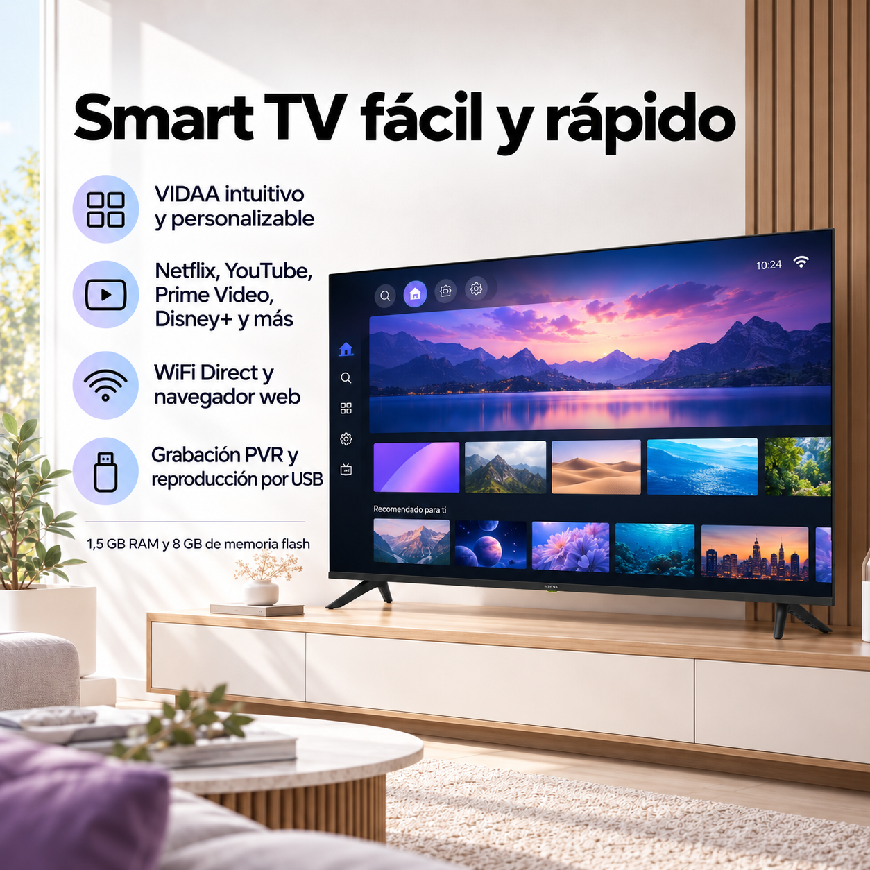 Smart TV na drewnianej szafce wyświetla interfejs. Hiszpański tekst i ikony opisują funkcje po lewej stronie.