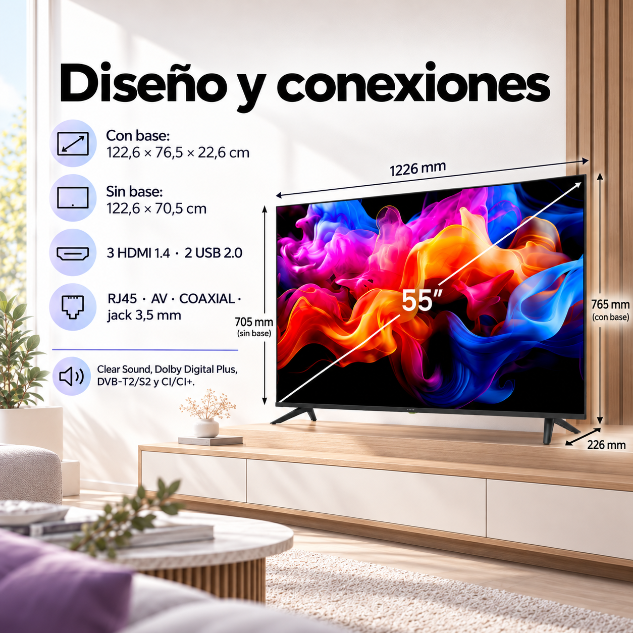 55-calowy telewizor na drewnianej szafce z wymiarami i specyfikacją techniczną.