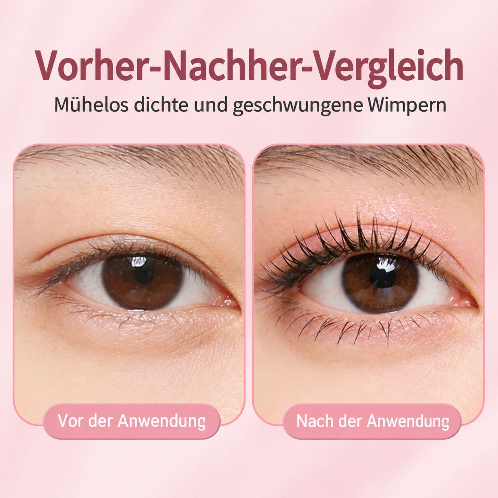 Vergleich von Wimpern vor und nach der Anwendung mit deutlichem Unterschied in Dichte und Schwung.