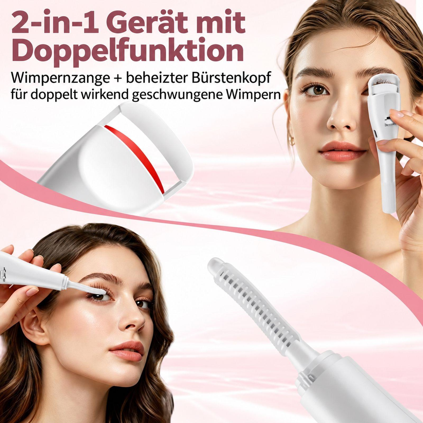 Eine Frau verwendet eine beheizte Wimpernzange mit integriertem Kamm.