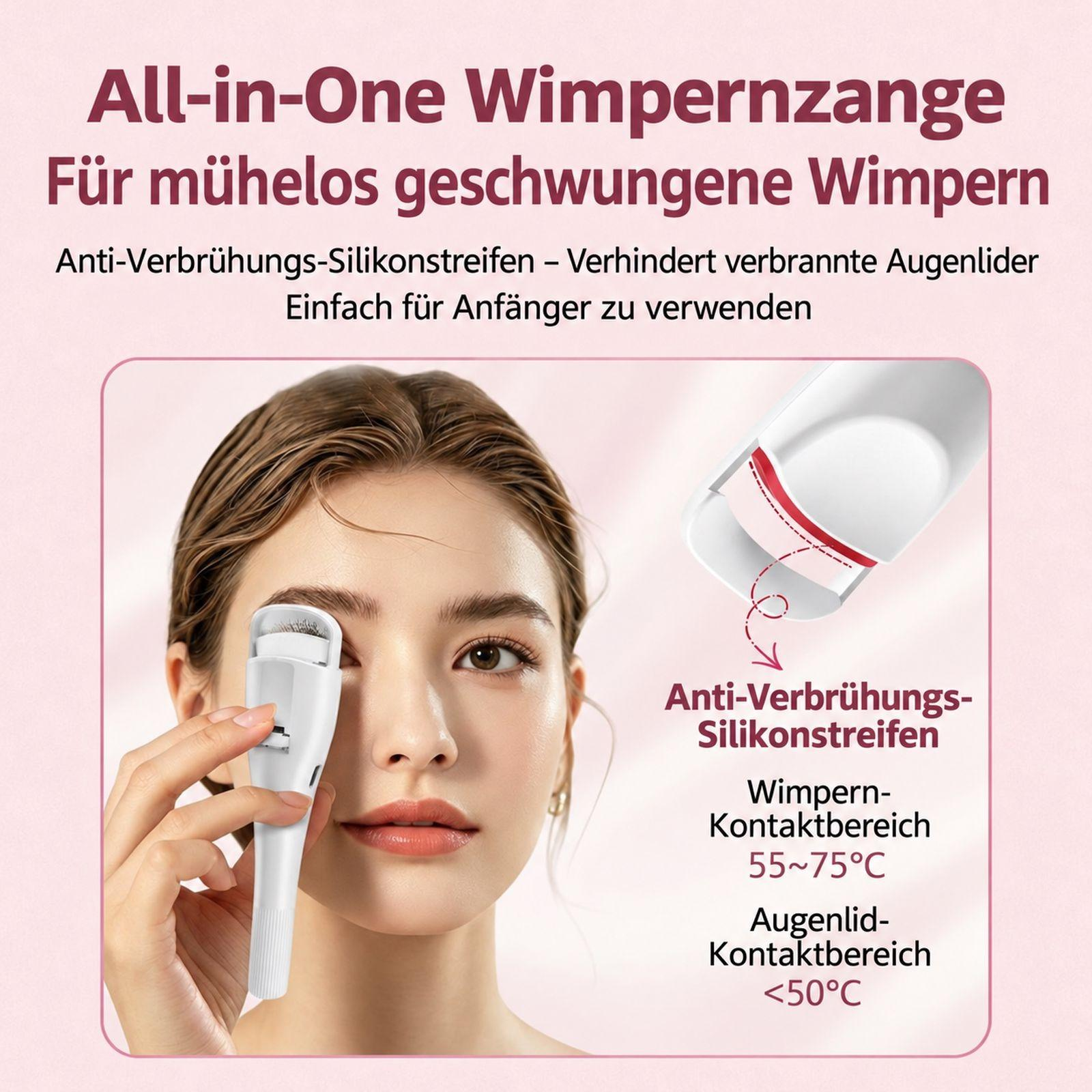 Eine Frau hält eine beheizte Wimpernzange an ihr Auge, mit Text und Infografik.