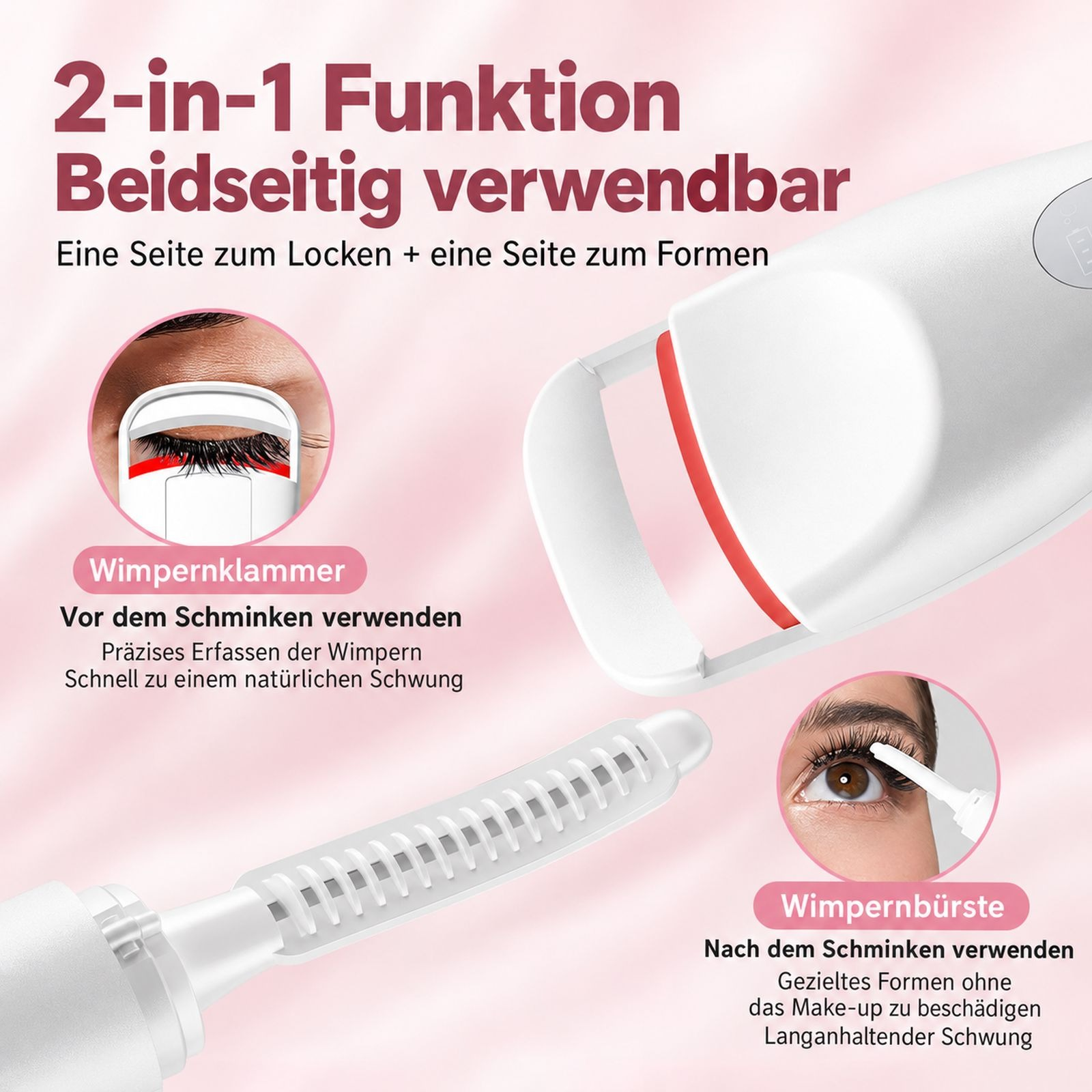 Ein weißer, elektrischer Wimpernformer mit Clip und Kamm für geschwungene Wimpern, auf rosa Hintergrund mit Text.