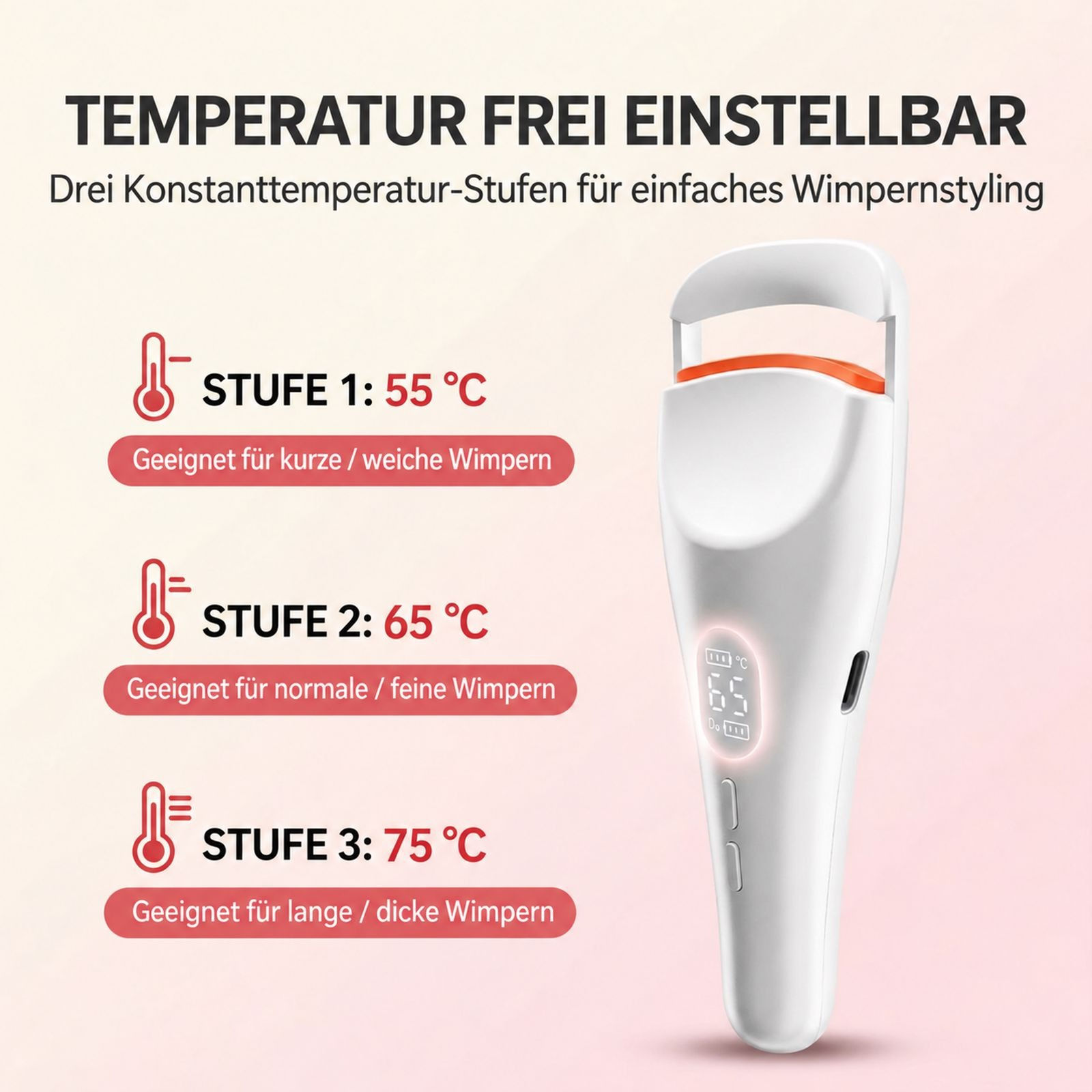 Wimpernzange mit drei Temperatureinstellungen und digitalem Display.