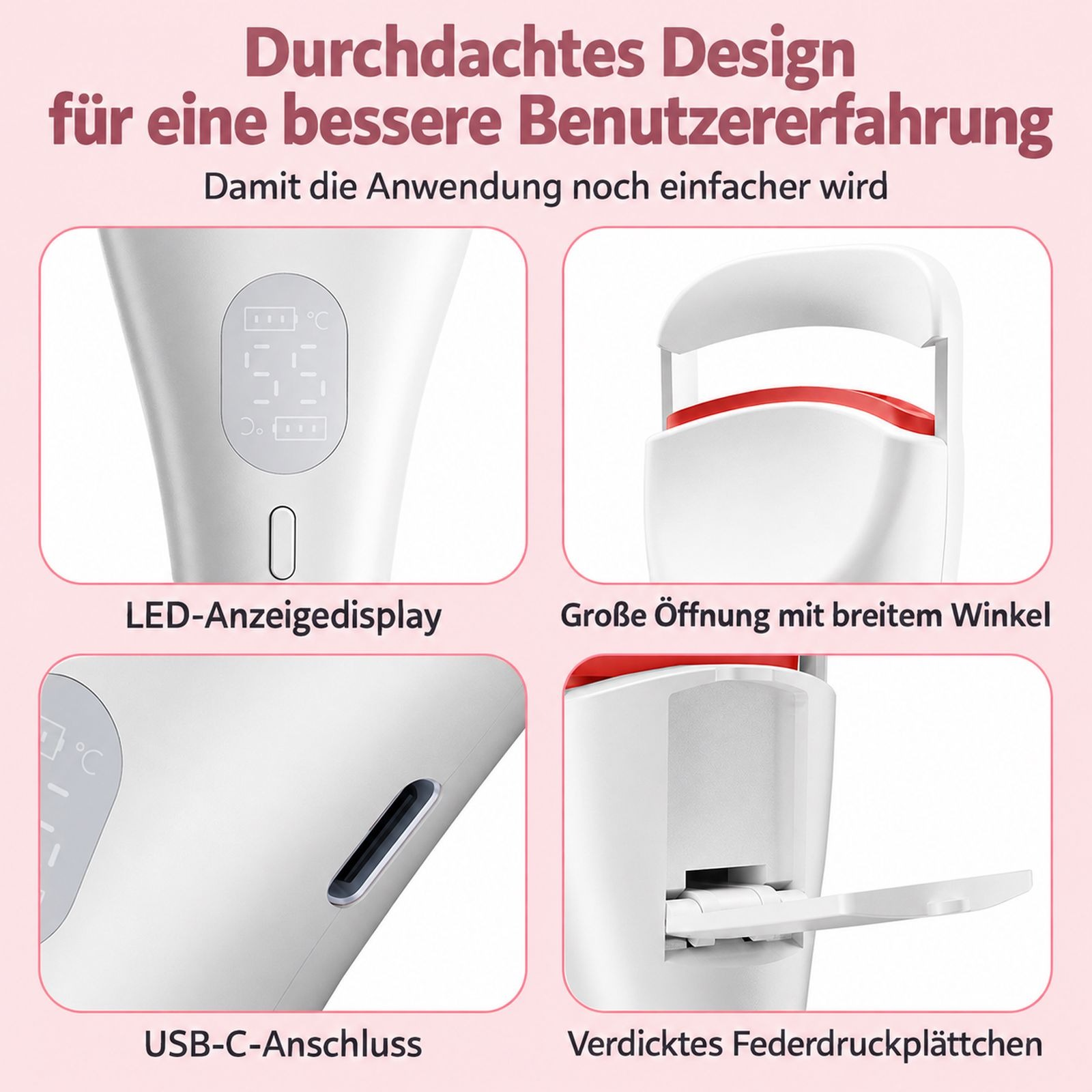 Vier Detailbilder eines weißen Beautygeräts mit LED-Display, USB-C-Anschluss und breitem Öffnungswinkel.