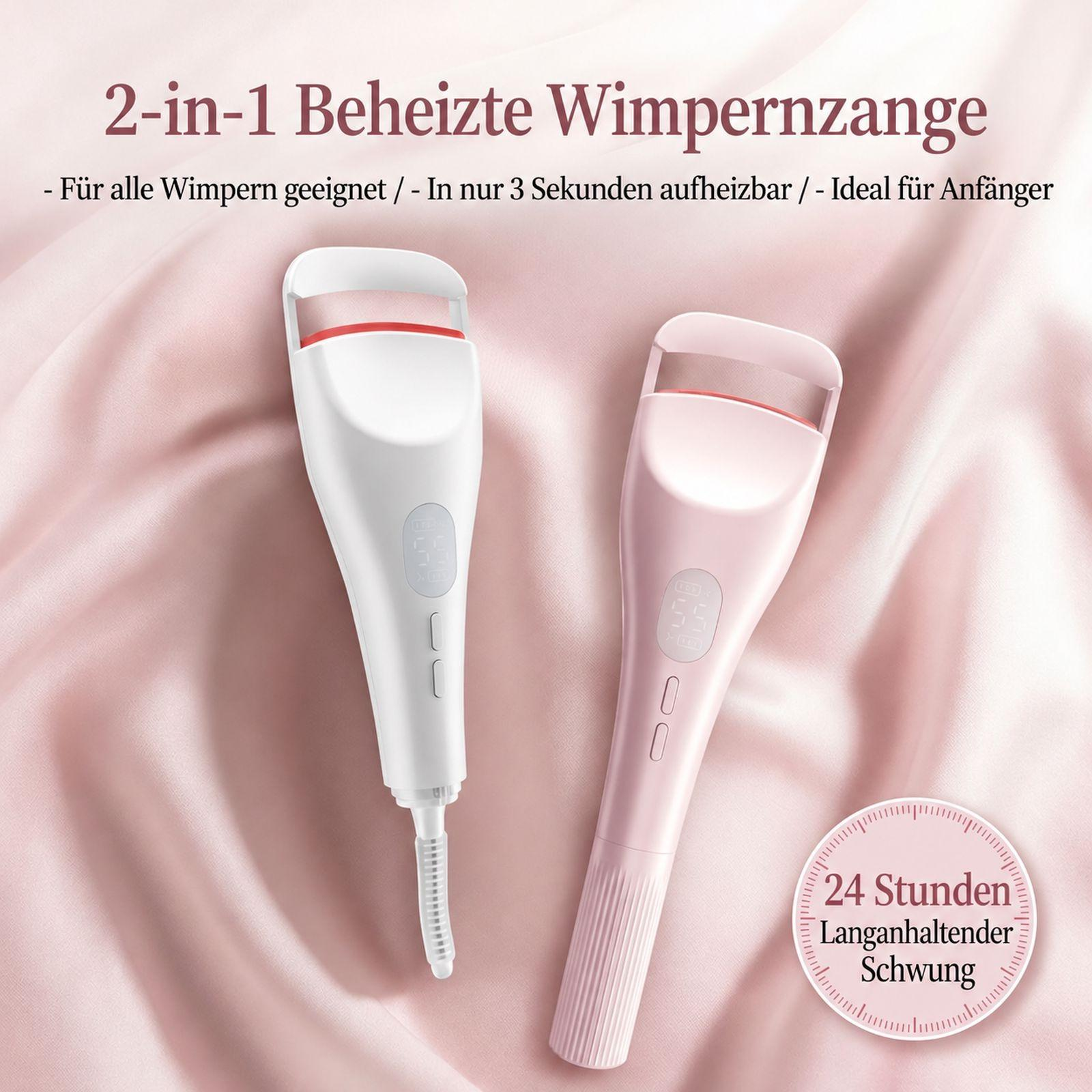 Zwei beheizte Wimpernzangen in Weiß und Rosa auf einem rosa Seidenhintergrund.