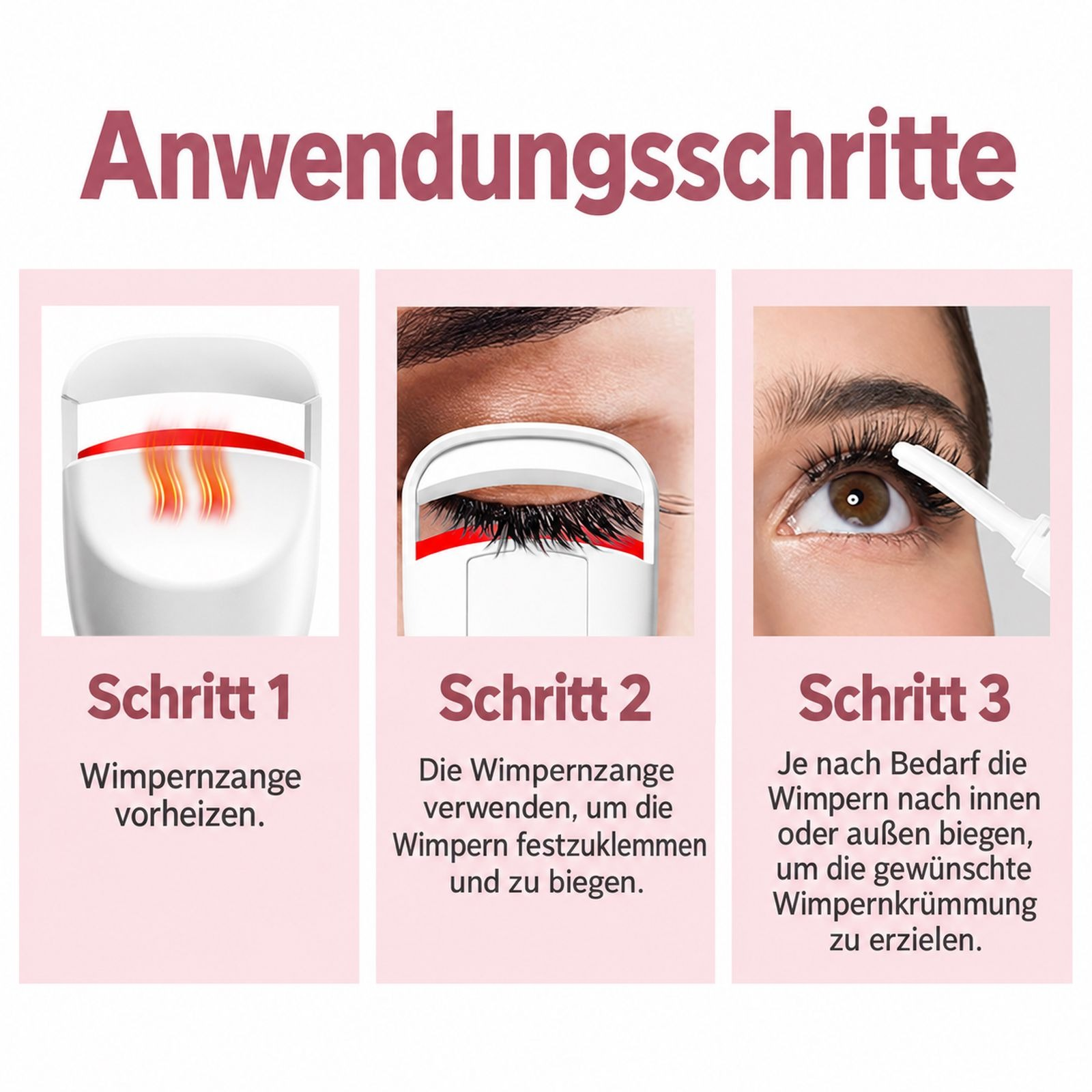 Drei Schritte zur Wimpernpflege mit beheizbarer Wimpernzange und Mascara.