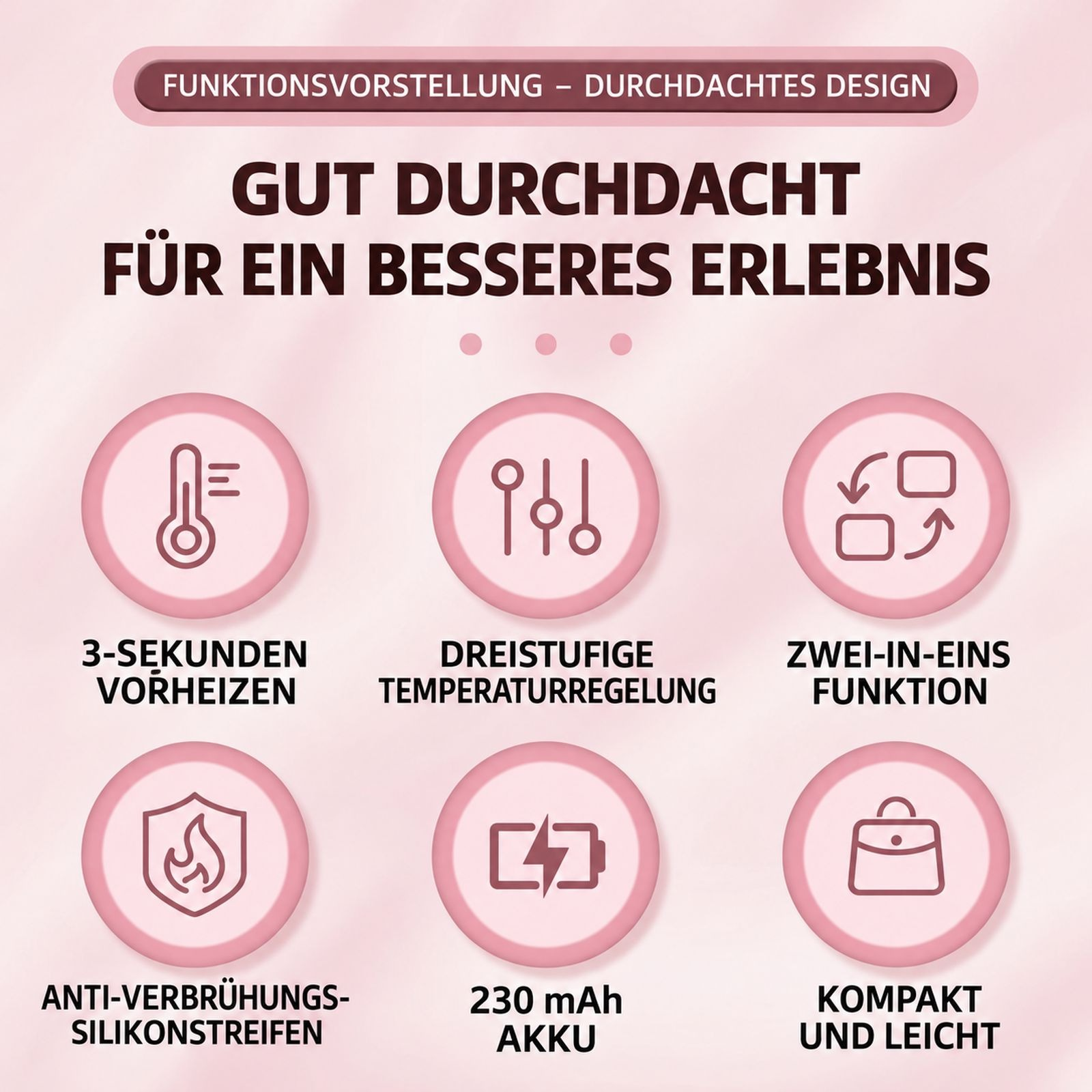 Infografik mit sechs Produktmerkmalen in rosa Kreisen mit deutschem Text auf rosa Hintergrund.