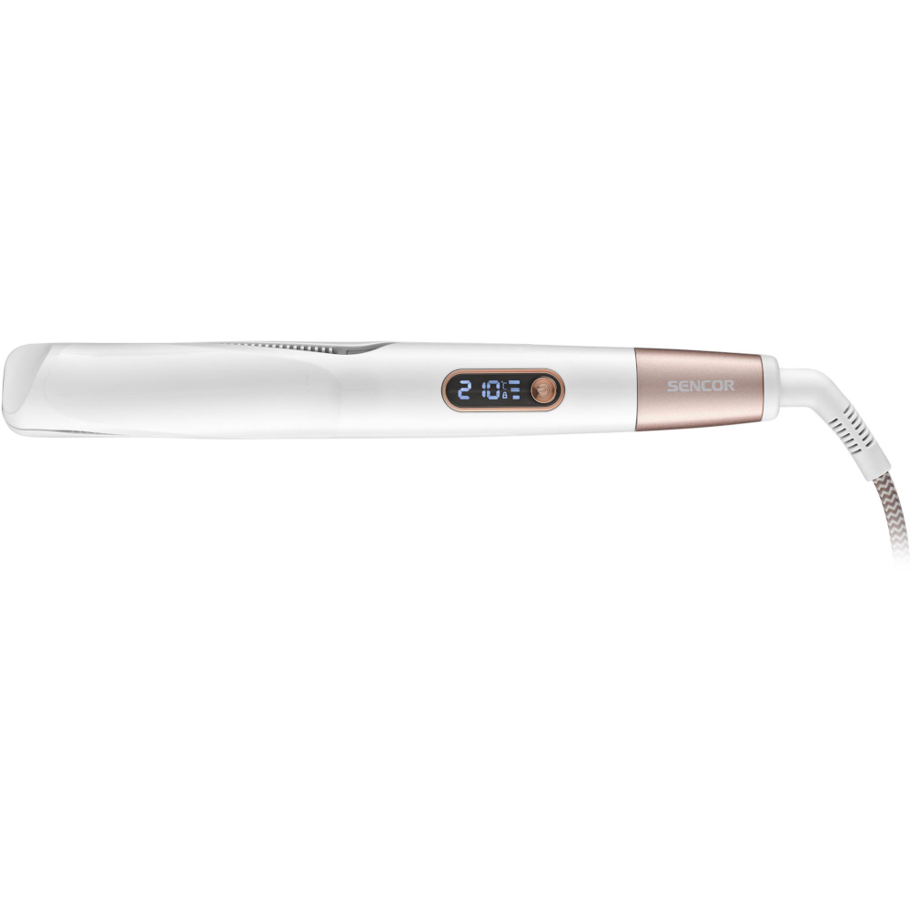 Una piastra per capelli bianca e oro rosa con display digitale su sfondo bianco.