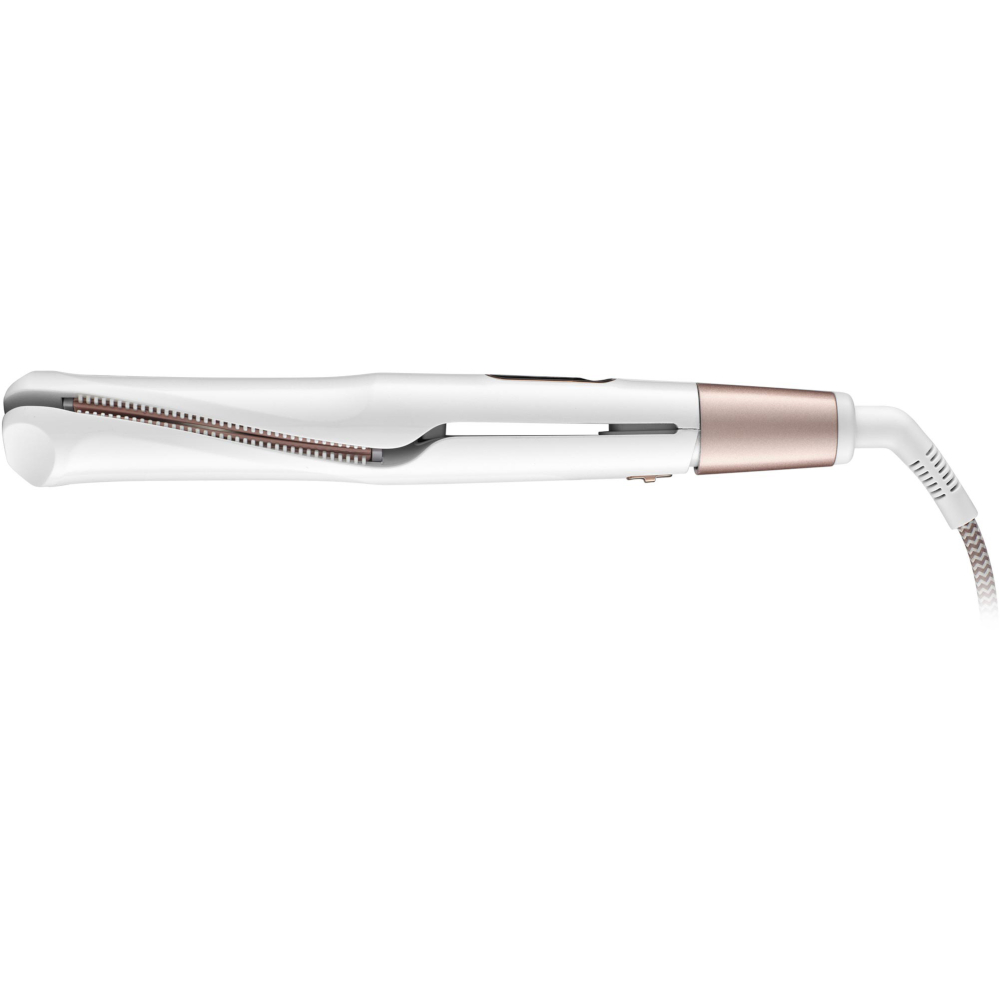 Una piastra per capelli bianca con dettagli in oro rosa e cavo.