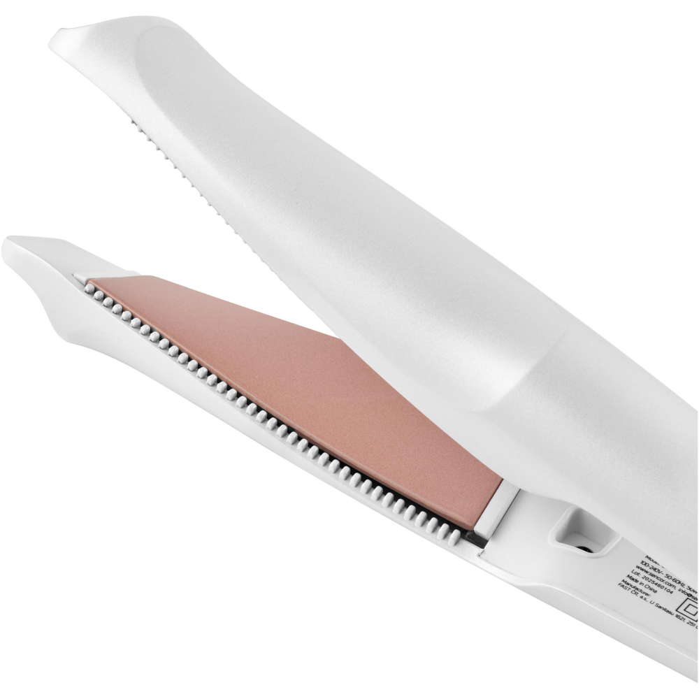 Una piastra per capelli bianca con piastre in ceramica oro rosa e denti del pettine integrati su fondo bianco.