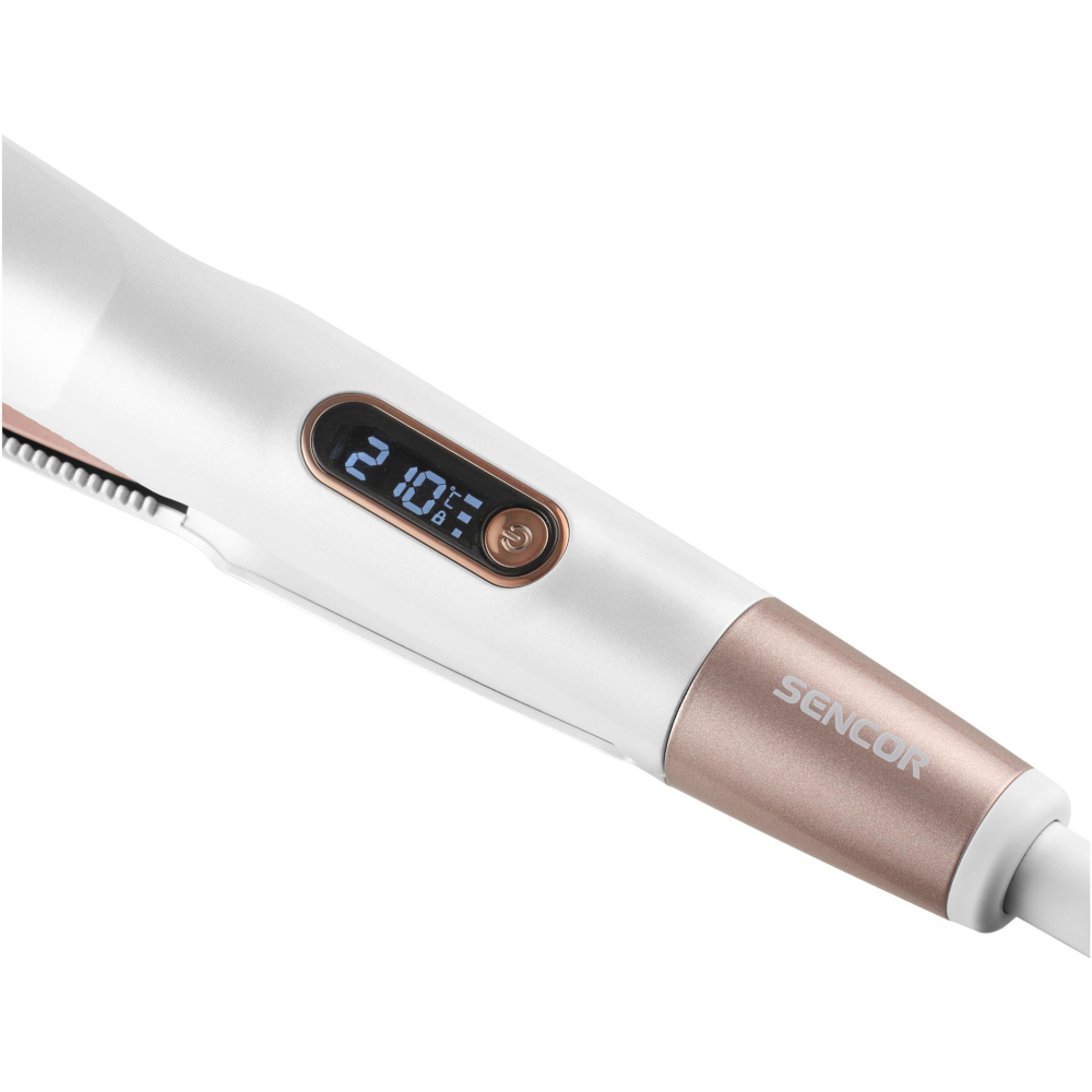 Piastra per capelli bianca con dettagli in oro rosa, display digitale a 210 gradi e logo Sencor.