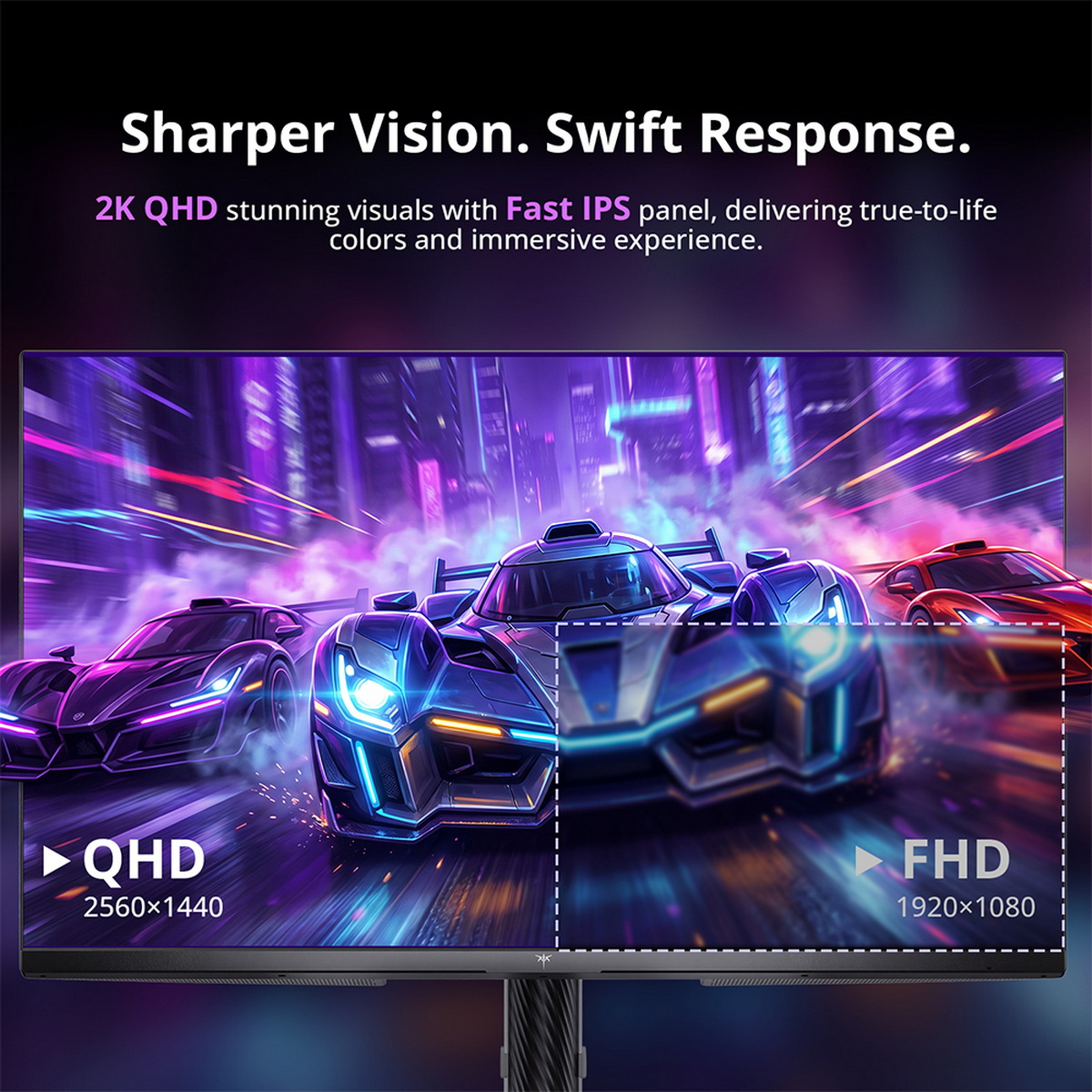 Gaming-Monitor mit Rennspiel, der QHD- und FHD-Auflösung vergleicht.