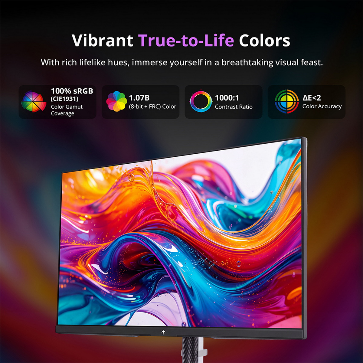 Ein Monitor zeigt ein farbenfrohes, flüssiges Kunstwerk mit Text und technischen Spezifikationen darüber.
