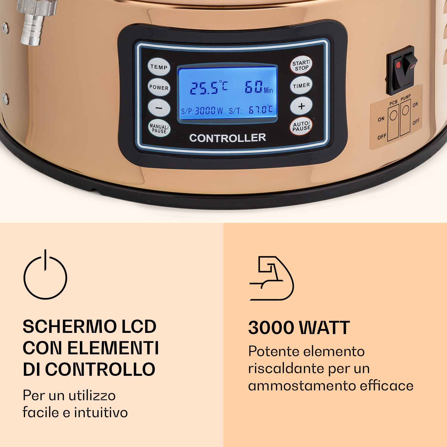 Kupferfarbener Controller mit LCD-Display, Tasten und Schaltern für 3000W Leistung.