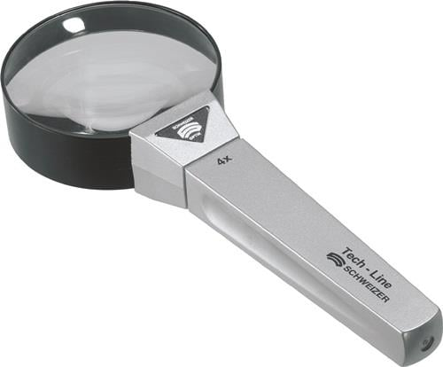 Eine silberne Tech-Line Lupe mit schwarzem Rahmen auf weißem Hintergrund.