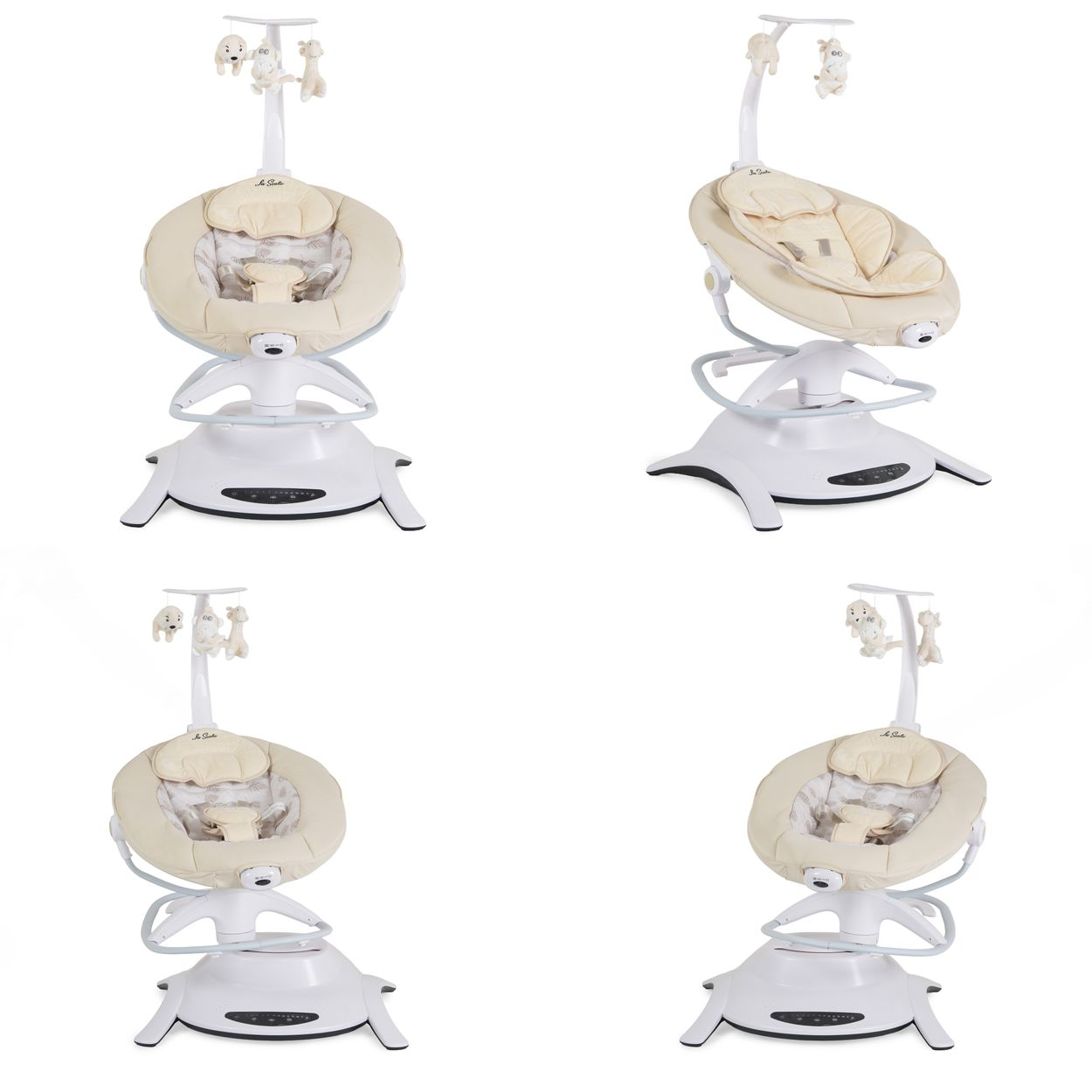 Eine beige-weiße Babyschaukel mit Hängespielzeug und Steuerungsdisplay auf weißem Hintergrund.