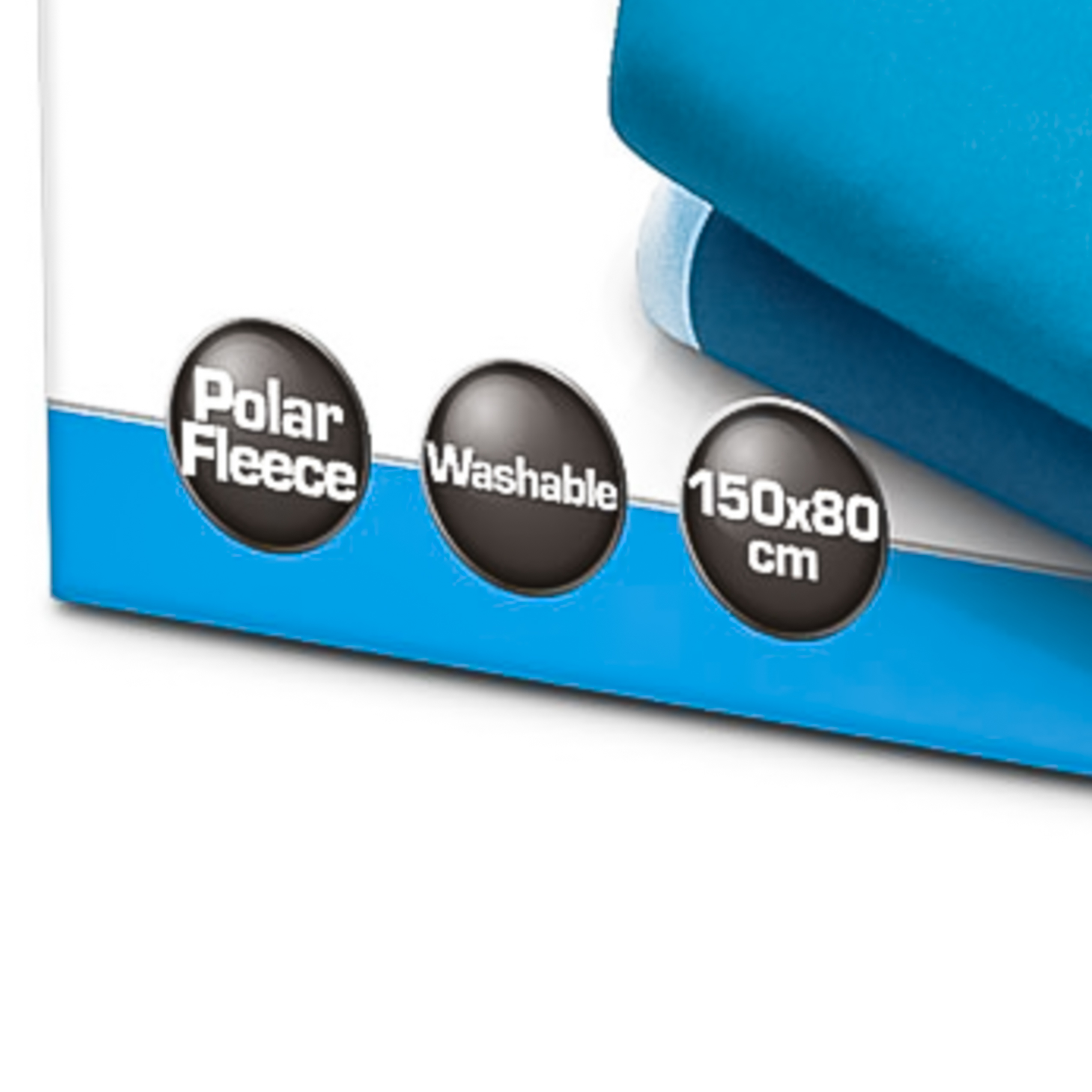 Opakowanie produktu z niebieskim kocem polarowym i ikonami Polar Fleece, pralne i 150x80 cm.