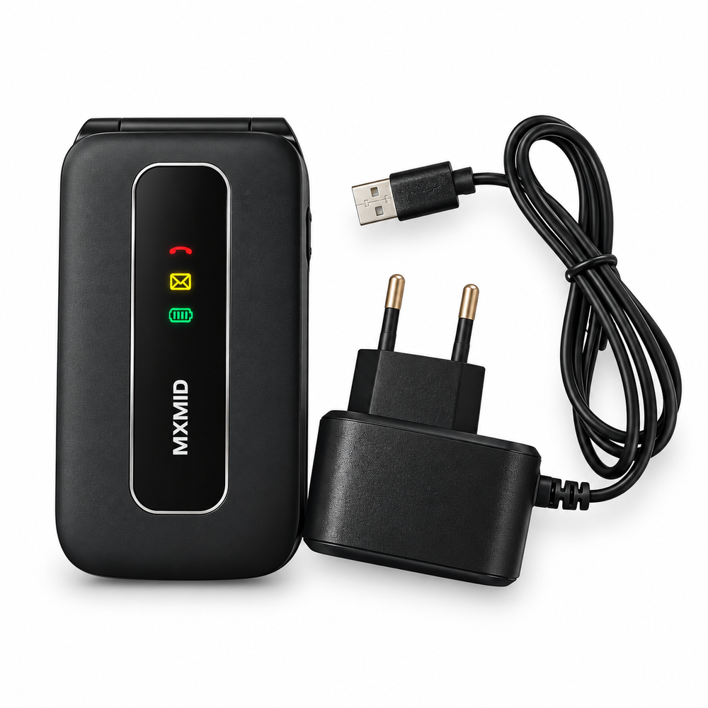 Un teléfono móvil negro junto a un cargador USB negro y un cable sobre fondo blanco.