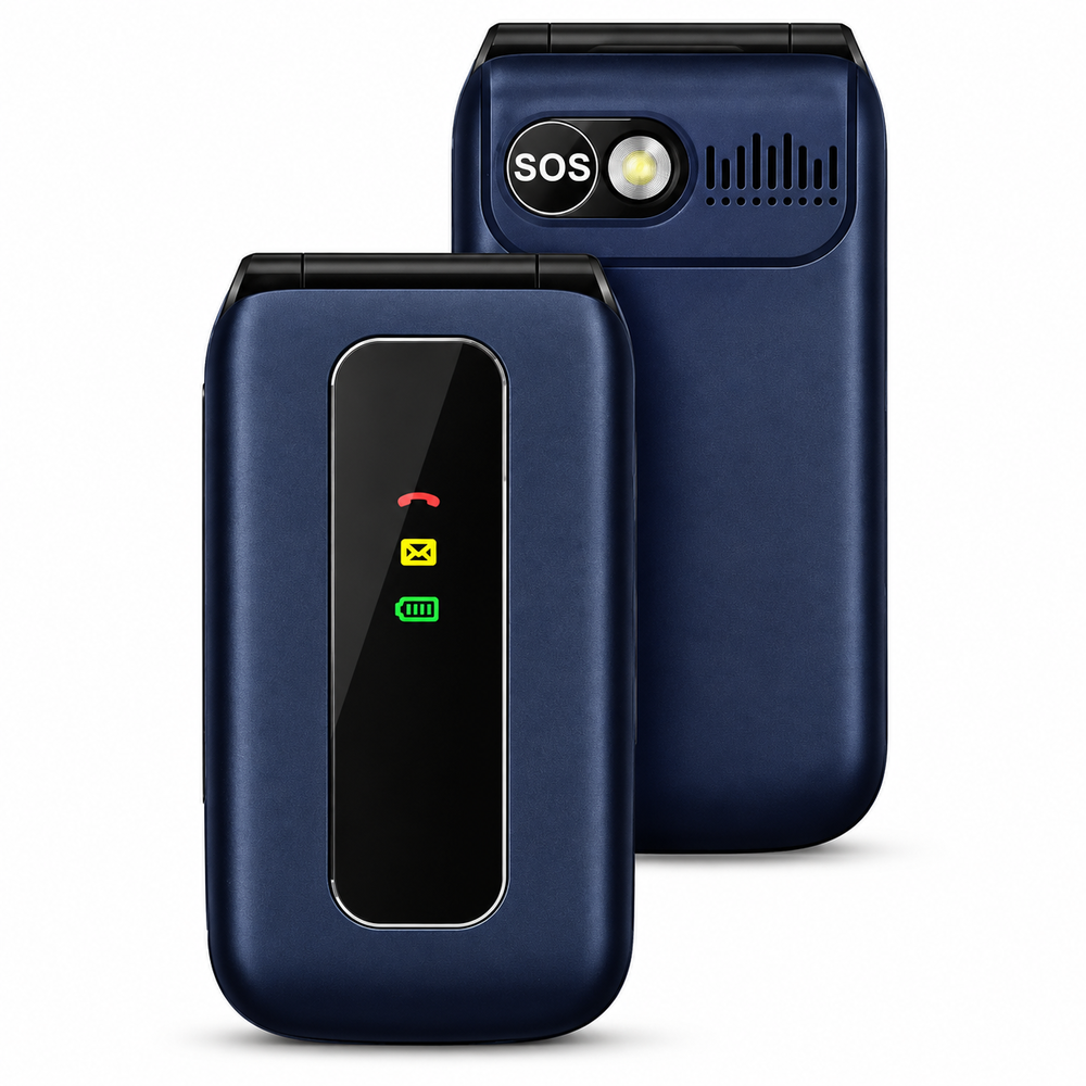 Dos teléfonos móviles azules, uno muestra el frente con luces indicadoras y el otro la parte trasera con un botón SOS.