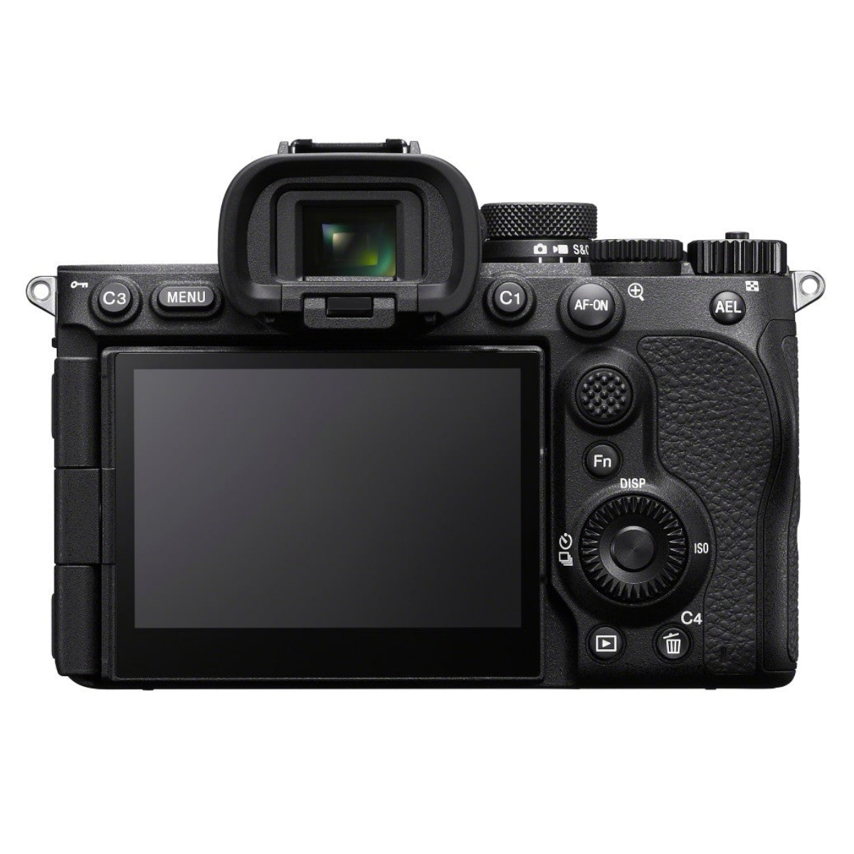 Vista posteriore di una fotocamera digitale nera con schermo LCD, mirino e vari pulsanti di controllo.