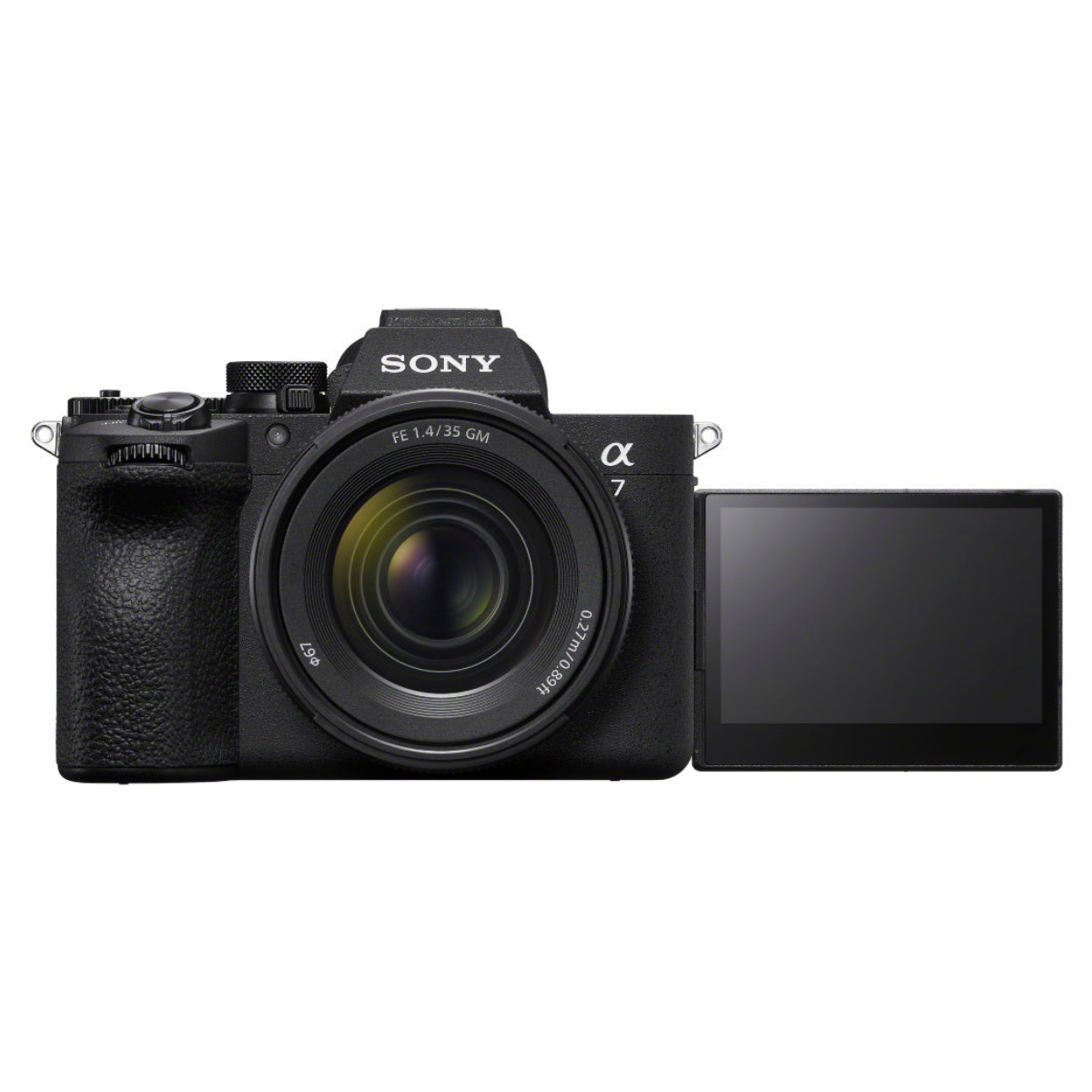 Fotocamera nera Sony Alpha 7 con obiettivo attaccato e schermo apribile lateralmente.