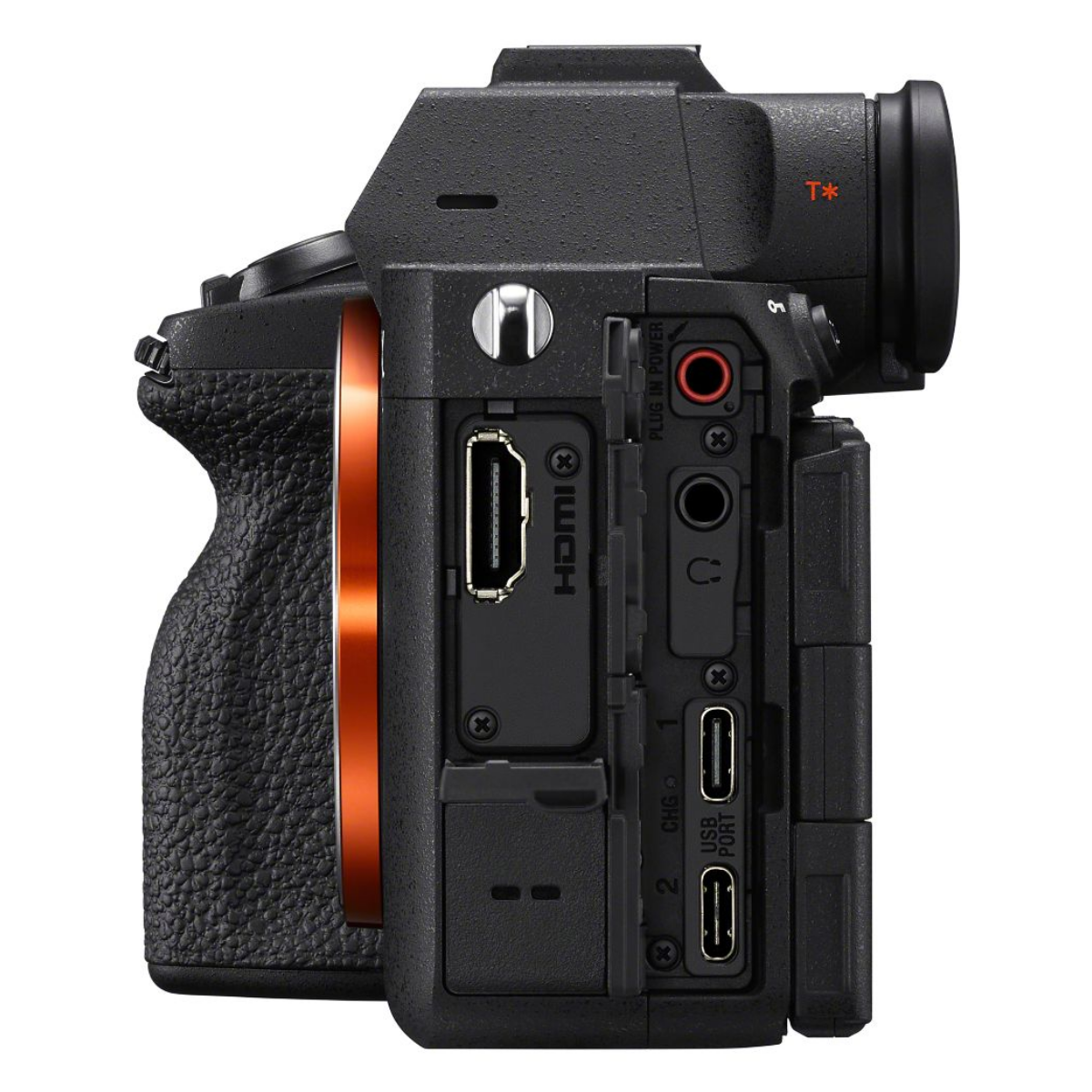 Vista laterale di una fotocamera nera con coperchi delle porte aperti per HDMI, USB e audio.