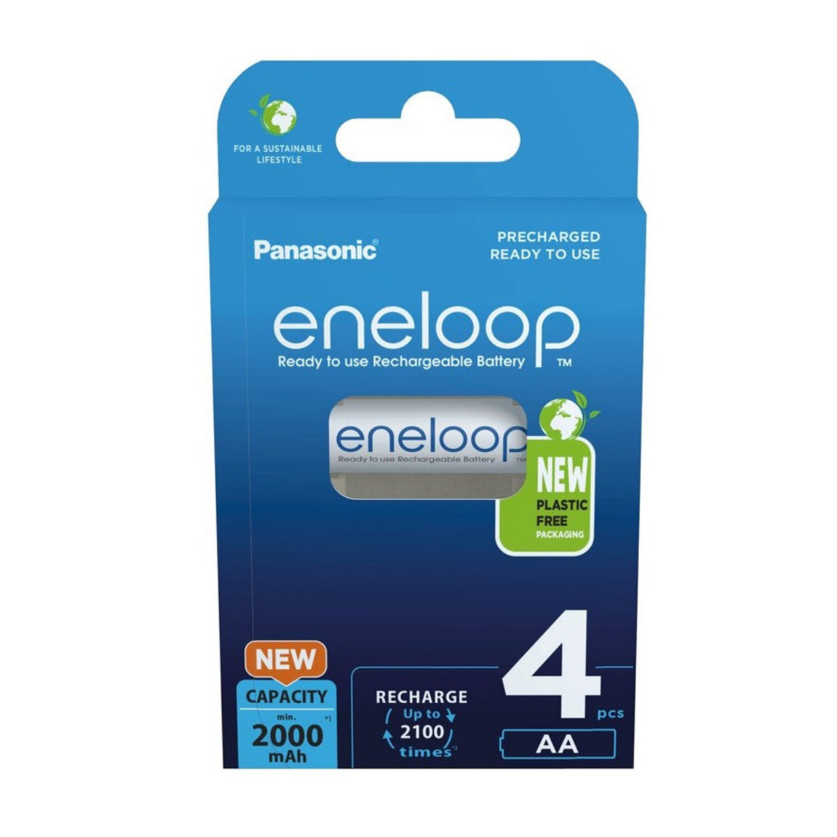 Blaue Panasonic Eneloop AA-Batterieverpackung mit vier wiederaufladbaren 2000 mAh Batterien.