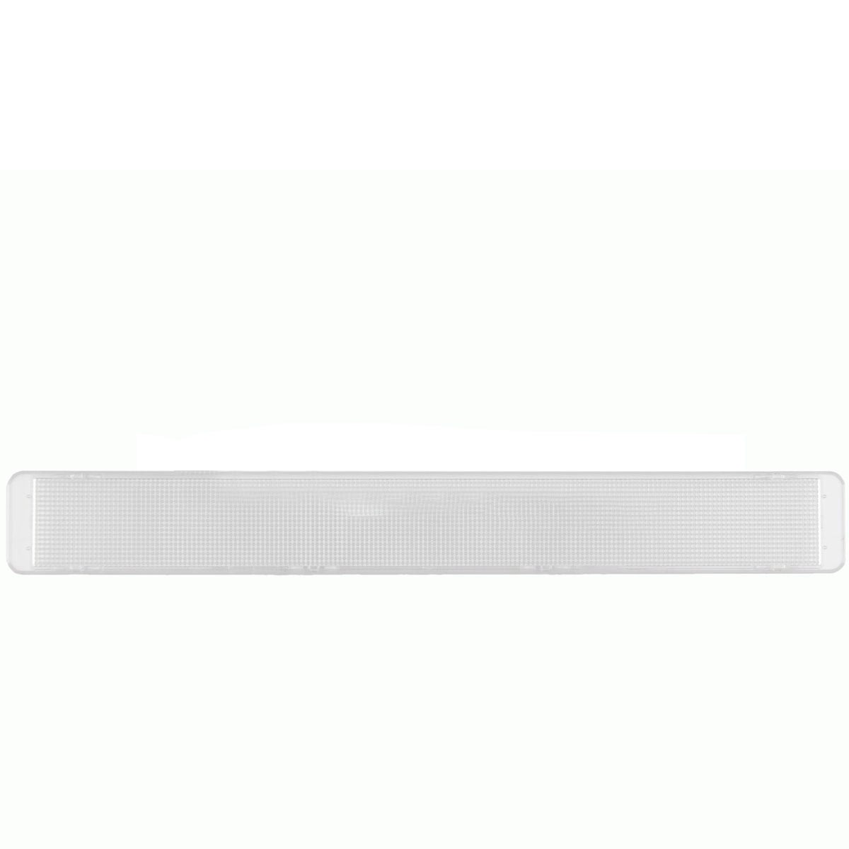 Una cubierta de luz rectangular y transparente con un patrón de rejilla fino sobre fondo blanco.