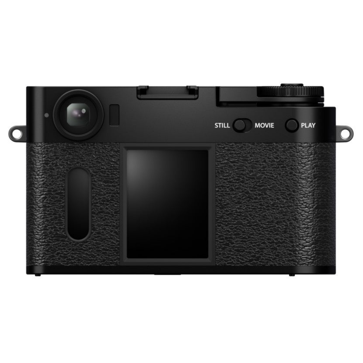 Eine schwarze kompakte Digitalkamera mit strukturiertem Griff, Suchern und Tasten mit der Aufschrift 'Still', 'Movie', 'Play'.