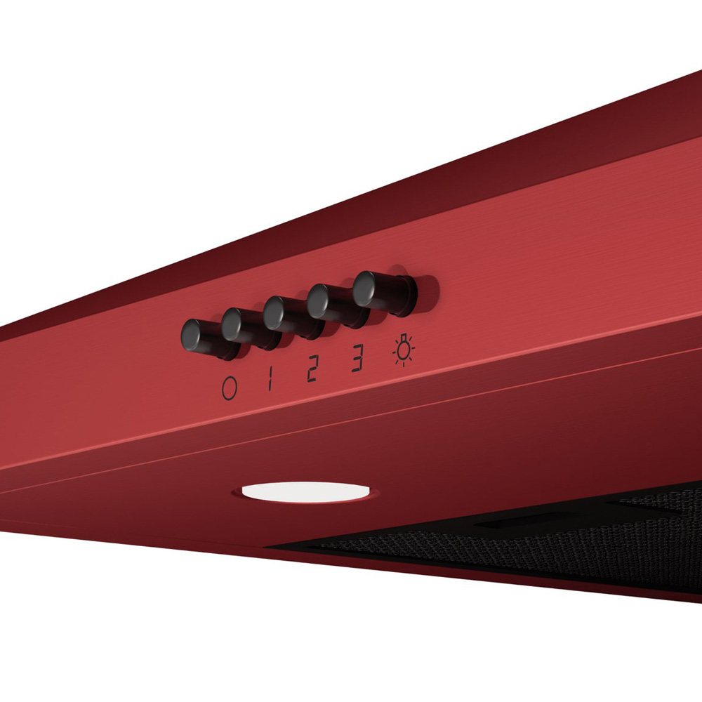 Red range hood featuring five black control buttons and a white light against a white background.