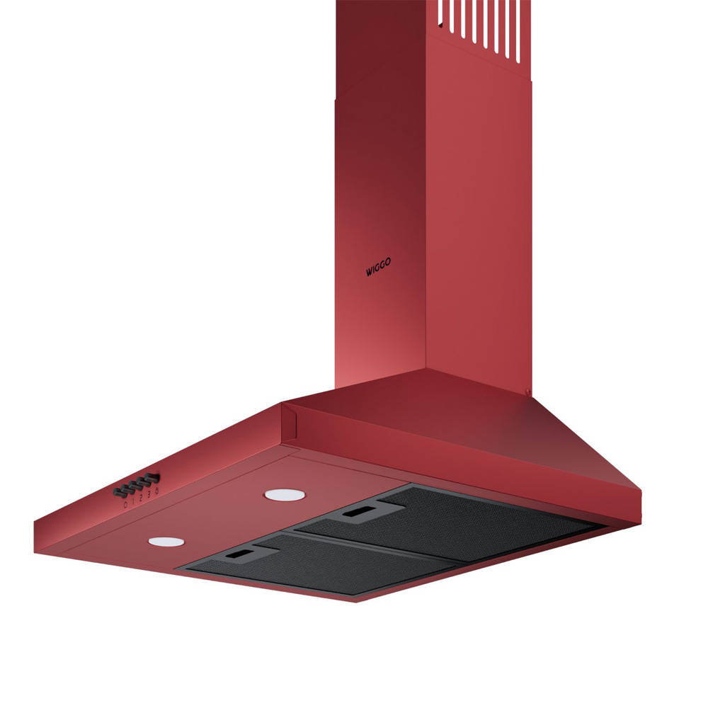 A red range hood with black filters and buttons hangs against a white background.