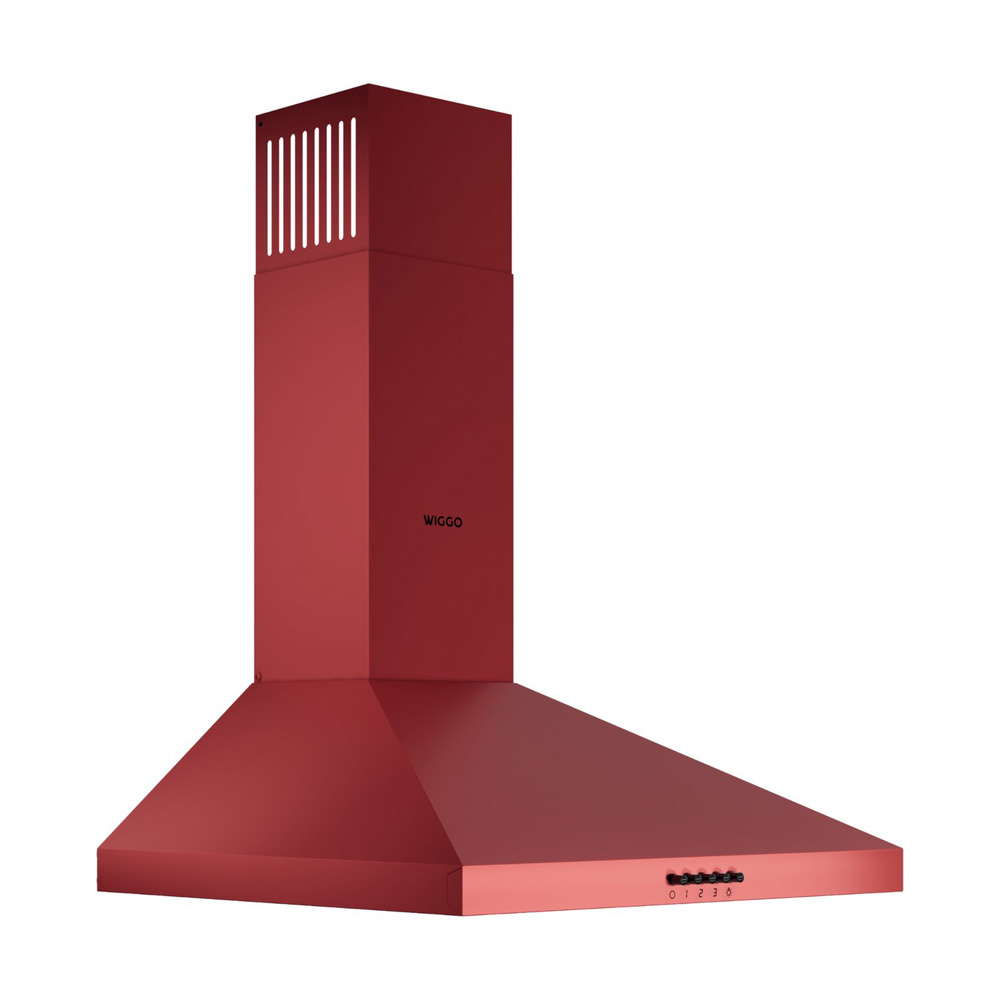 A matte dark red range hood with a rectangular chimney and push-button controls.