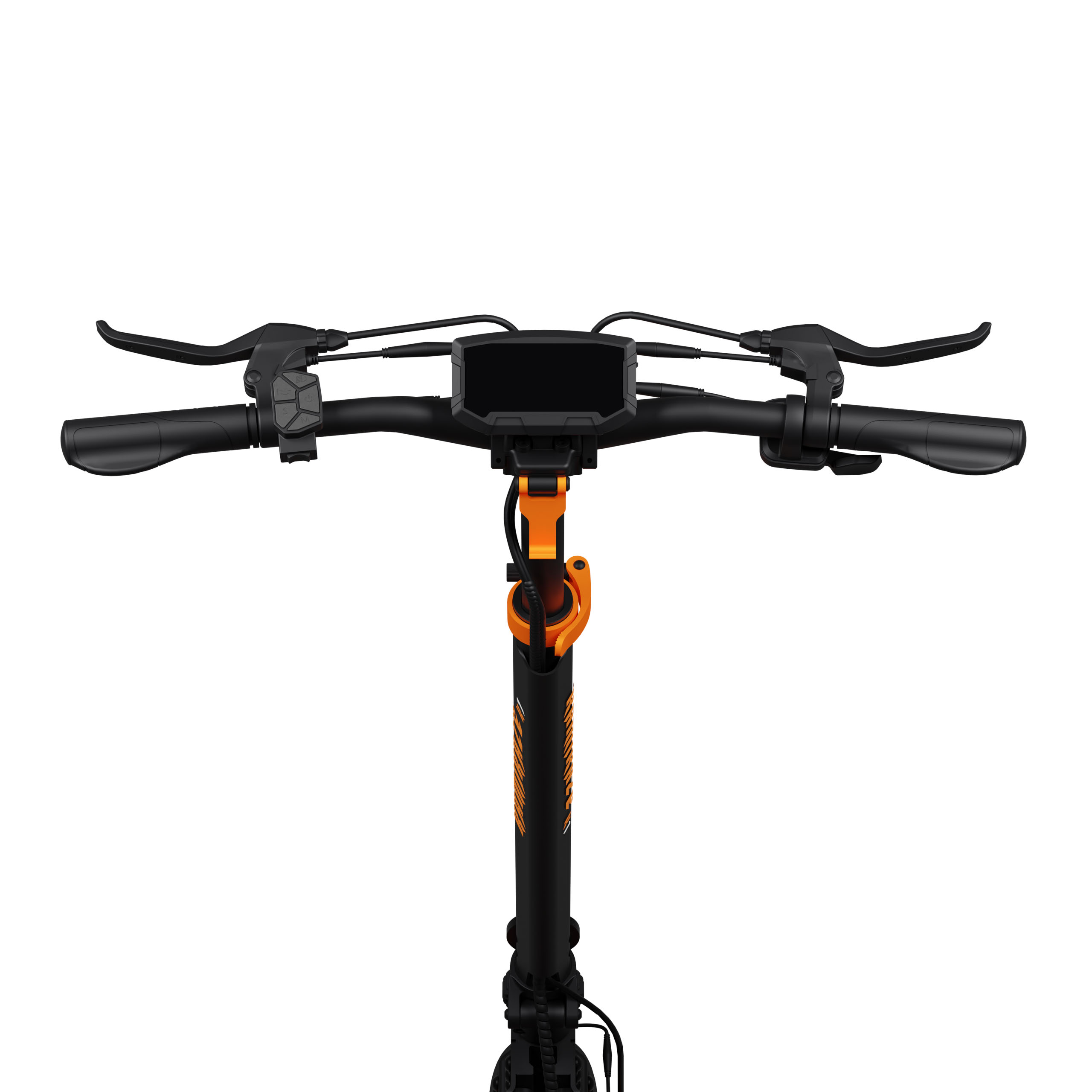 Primer plano del manillar de un patinete eléctrico negro con mecanismo de plegado naranja.