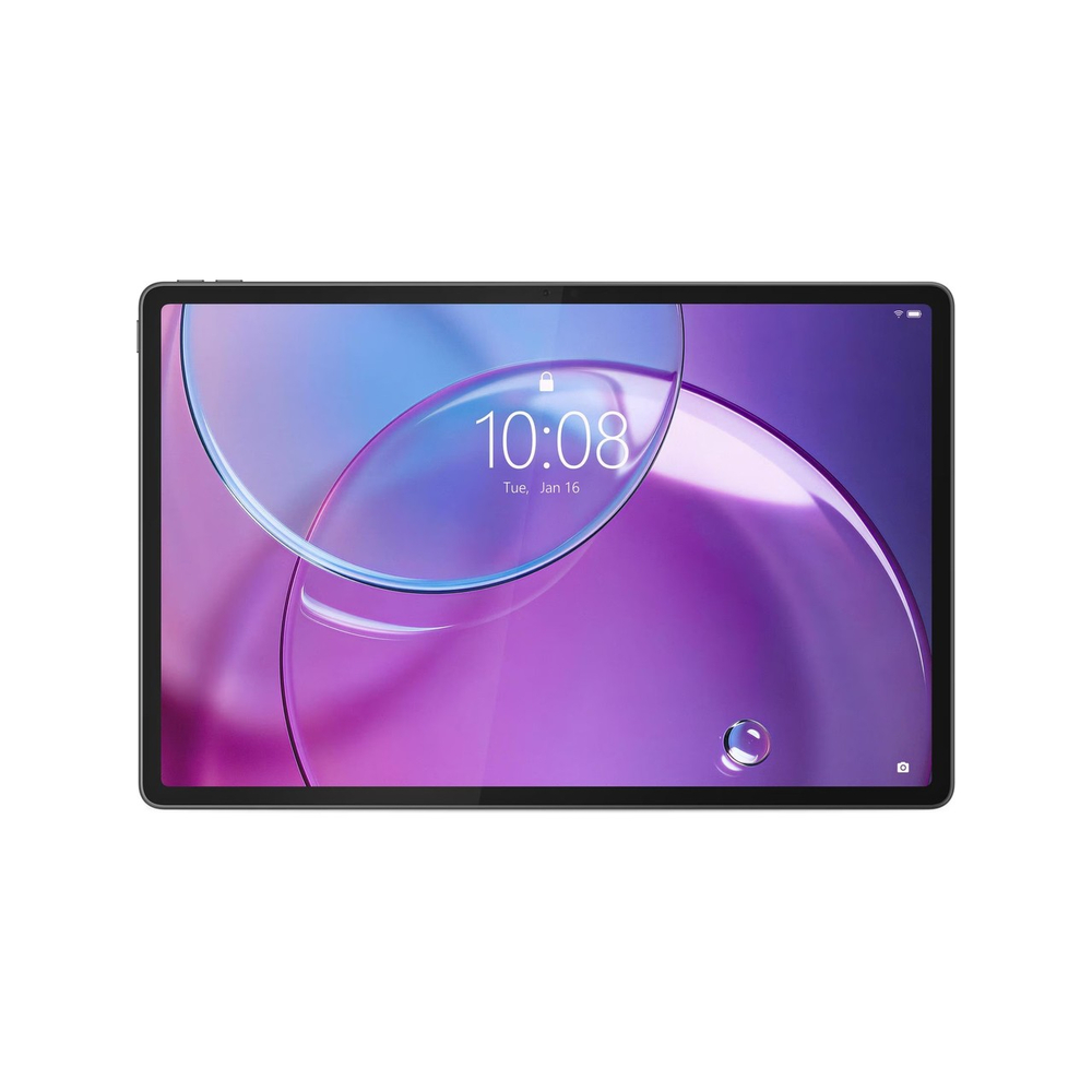 Siyah bir tablet ekranda 10:08 saatini ve mor soyut bir duvar kağıdını gösteriyor.