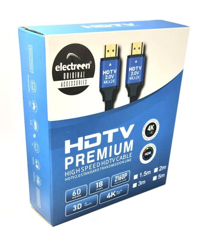 Ürün görselleri ve özelliklerini içeren mavi renkli HDTV premium yüksek hızlı kablo kutusu.