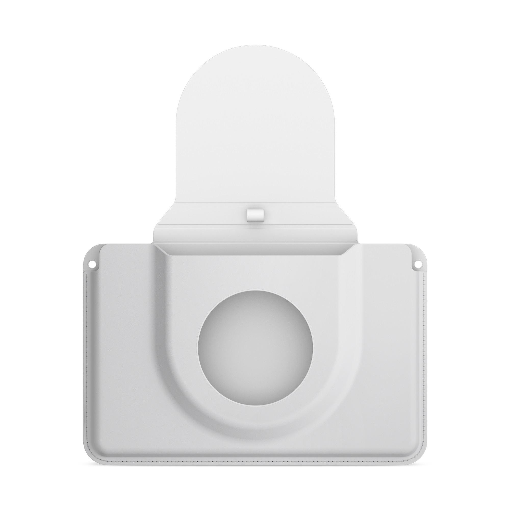 Düz bir arka plan üzerinde açık kapaklı ve dairesel lens oyuklu beyaz bir kamera kılıfı.