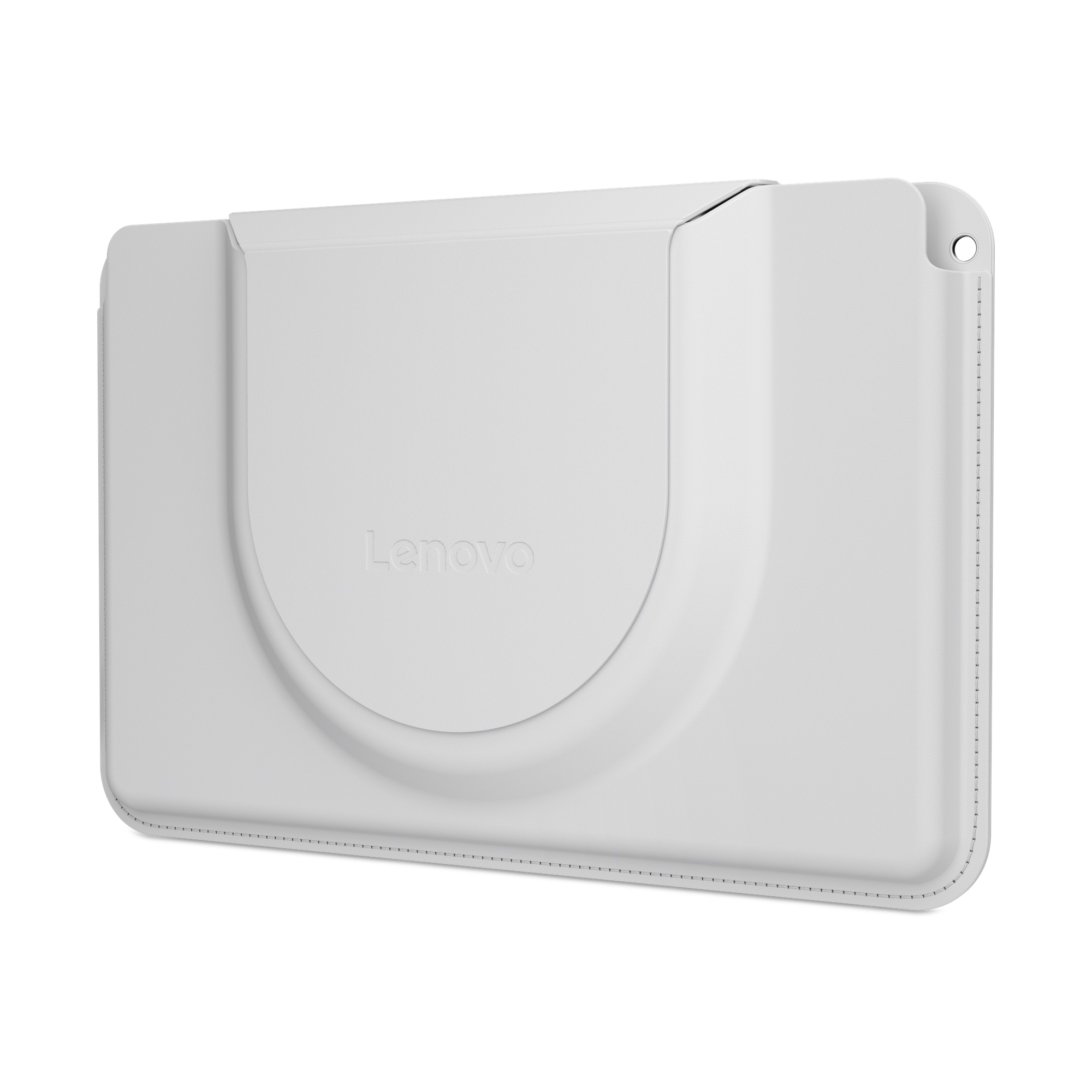 Beyaz arka planda kabartmalı logolu beyaz deri Lenovo tablet kılıfı.