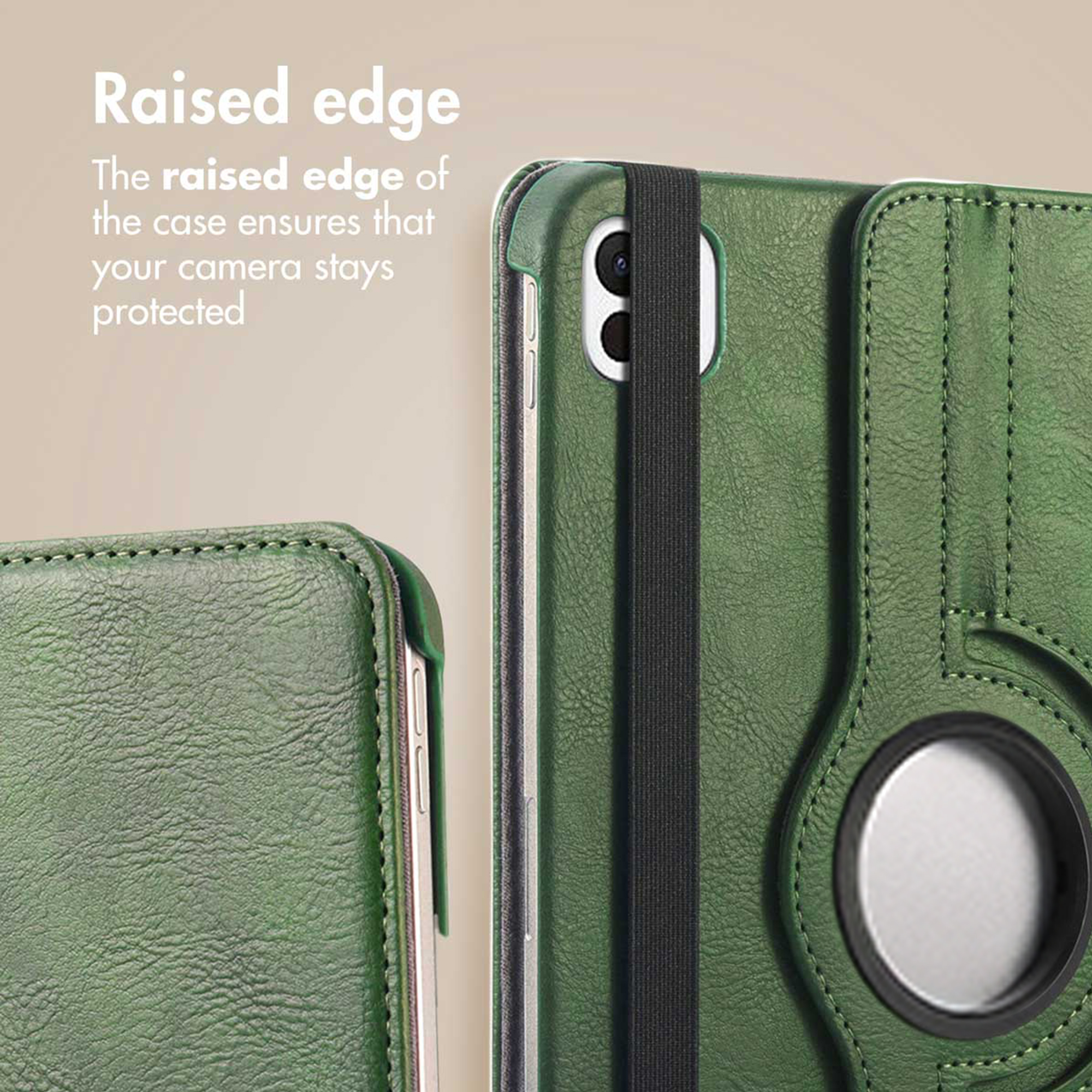 Groene tablethoes met opstaande rand ter bescherming van de camera en zwarte elastische band.
