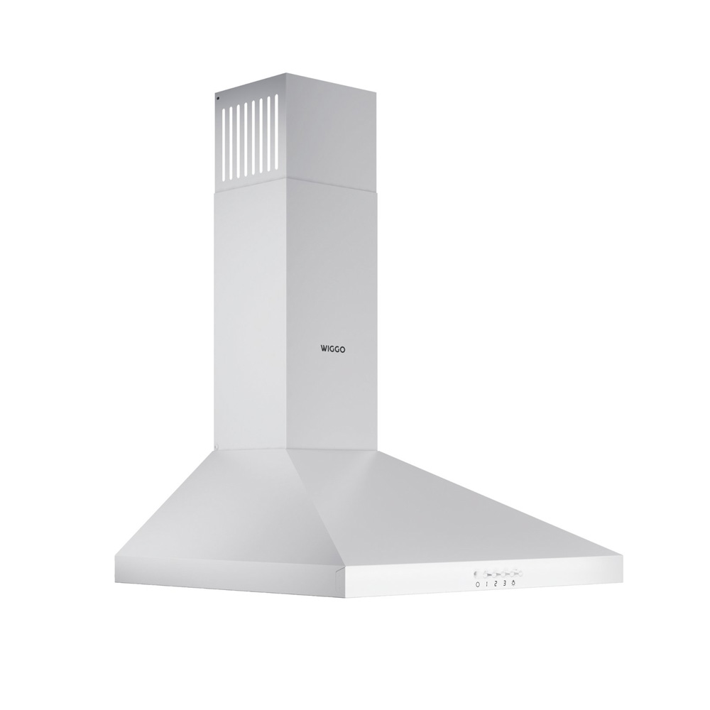 A modern white kitchen exhaust hood with a chimney style, featuring the WIGGO brand name and control buttons.